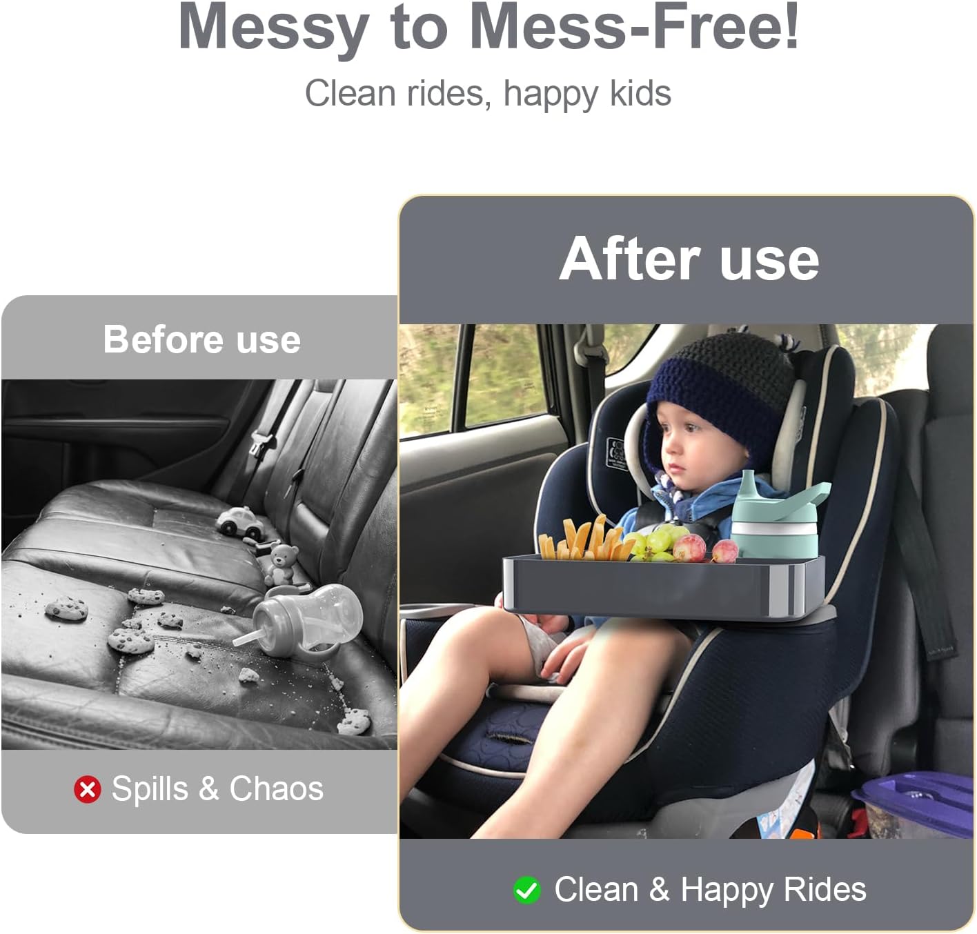 Car Seat Snack Tray for Toddlers - 3 Inch Cup Holder Fits Most Sippy Cups & Straw Bottles with Dip Well, Mess-Free Square Kids Travel Tray Road Trip Essentials, Dark Grey