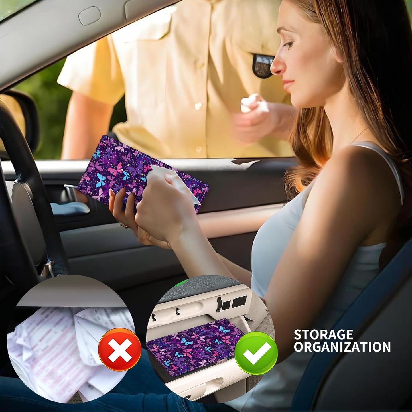 Leather Car Registration and Insurance Card Holder, Cute Car Accessories Vehicle Glove Box Car Organizer for Documents, Cards, License Cute Purple Butterfly