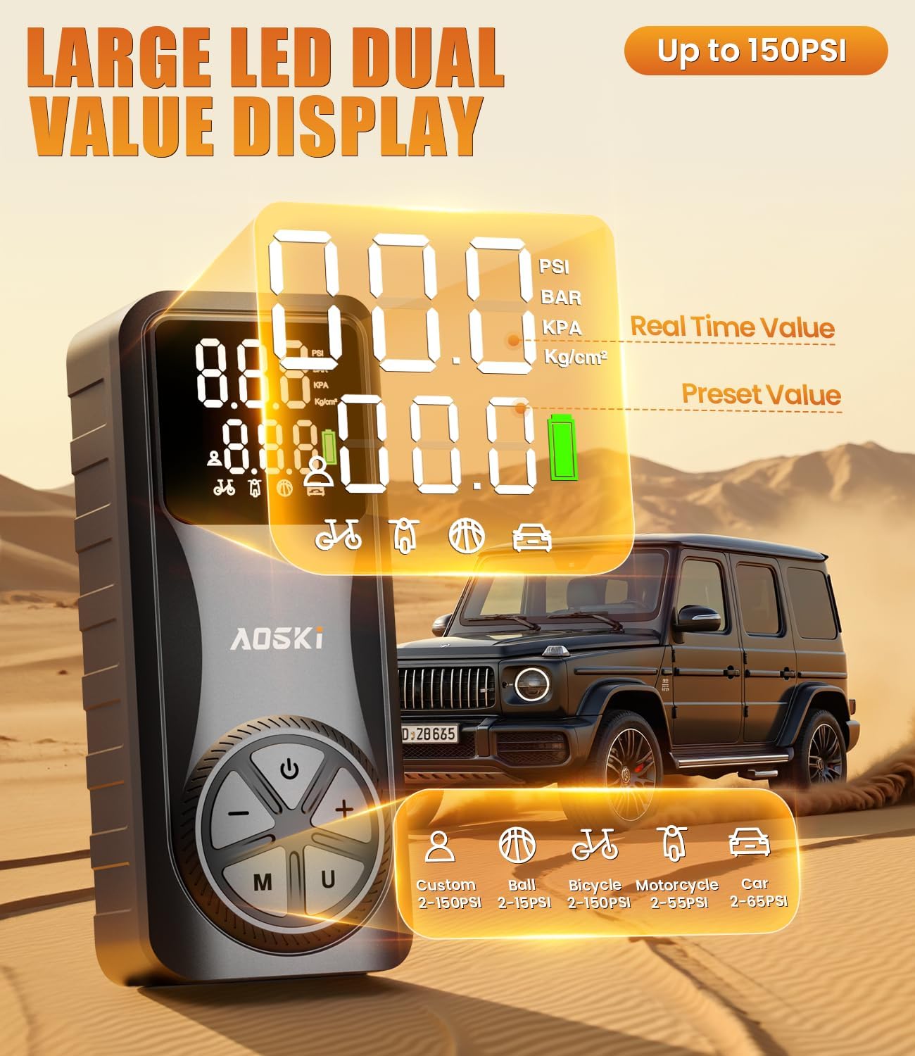 Tire Inflator Portable Air Compressor: Versatile Nozzles & 150PSI Fast Inflation Air Pump for Car Moto Bike Ball - One-Button Control - Senior-Friendly Solution for Elderly Drivers