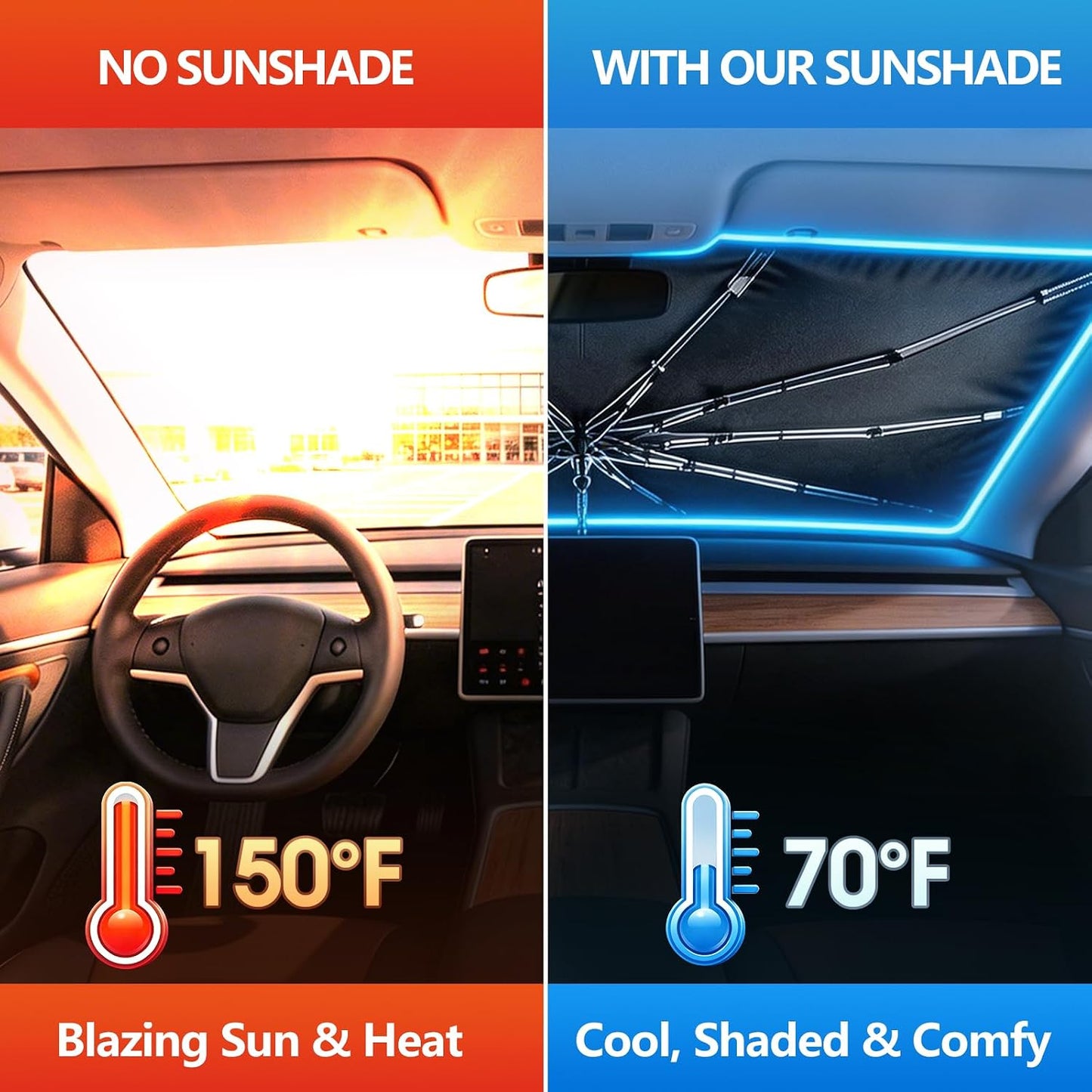 Windshield Sun Shade Car Umbrella: Foldable Retractable Front Window Sunshade Shield with Heat-Insulating Coating - Portable Protection from Heat & UV Rays for Cars, SUVs & Trucks