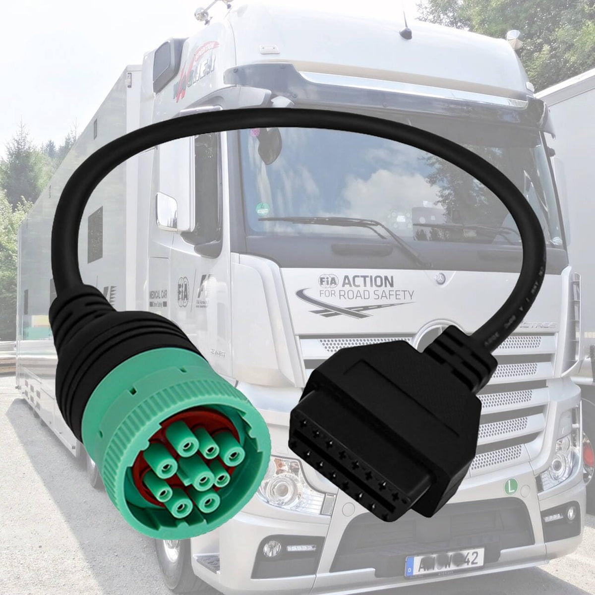 Green Type 2 J1939 9pin to OBD2 Cable Adapter for Heavy Duty Trucks