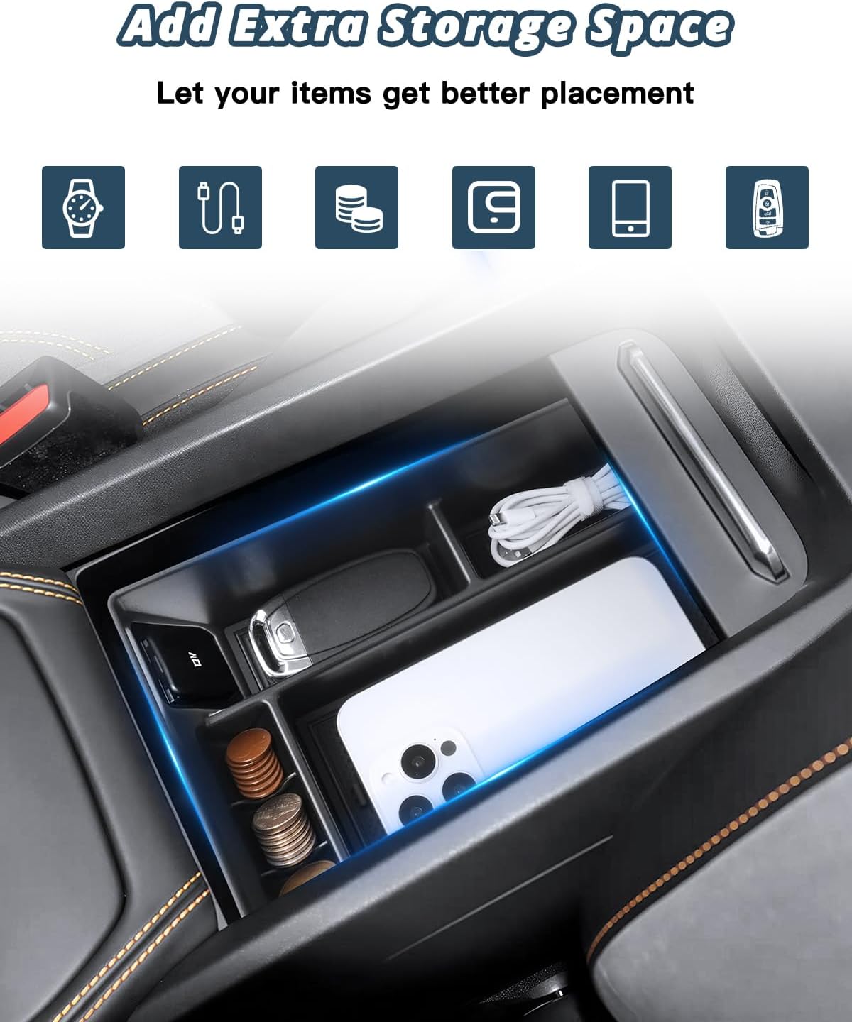 Ruiya 2021-2024 Mach E Center Console Organizer for Mustang Mach‑E accessories ABS Armrest Console Organizer Compatible with 2021 2022 2023 2024 Mustang Mach E All Trims (Select, Premium, GT, Rally)