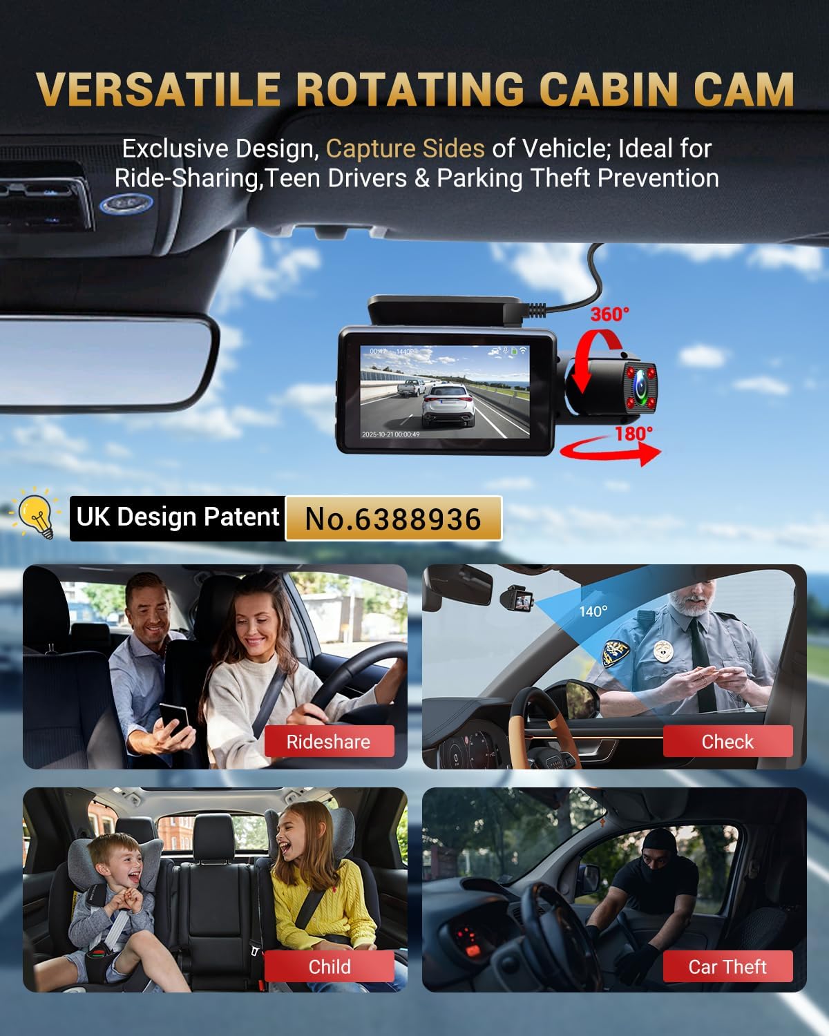 2.5K+1K Dual Dash Cam Front and Inside with GPS WiFi, 32GB Card, 24Hr Park