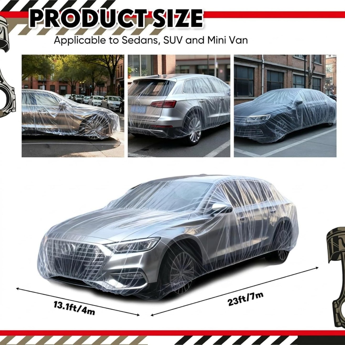 LEIFIDE 3pcs Universal Large Plastic Car Covers 23 x 13.1ft Extra Clear Reusable Car Cover with Elastic Band for SUV, Sedan, Mini Van and Outdoor Snow Rain Wind Dust Frost
