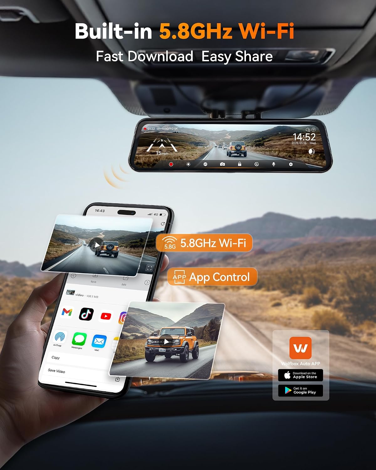 WOLFBOX G900 Tripro Bumper Version 3 Channel 4K Mirror Dash Cam, 8MP STARVIS 2 IMX678 Night Vision, 4K+2.5K+1080P Front and Rear Bumper Dash Cam, 5.8GHz WiFi, Voice Control, Includes 256GB Card & GPS