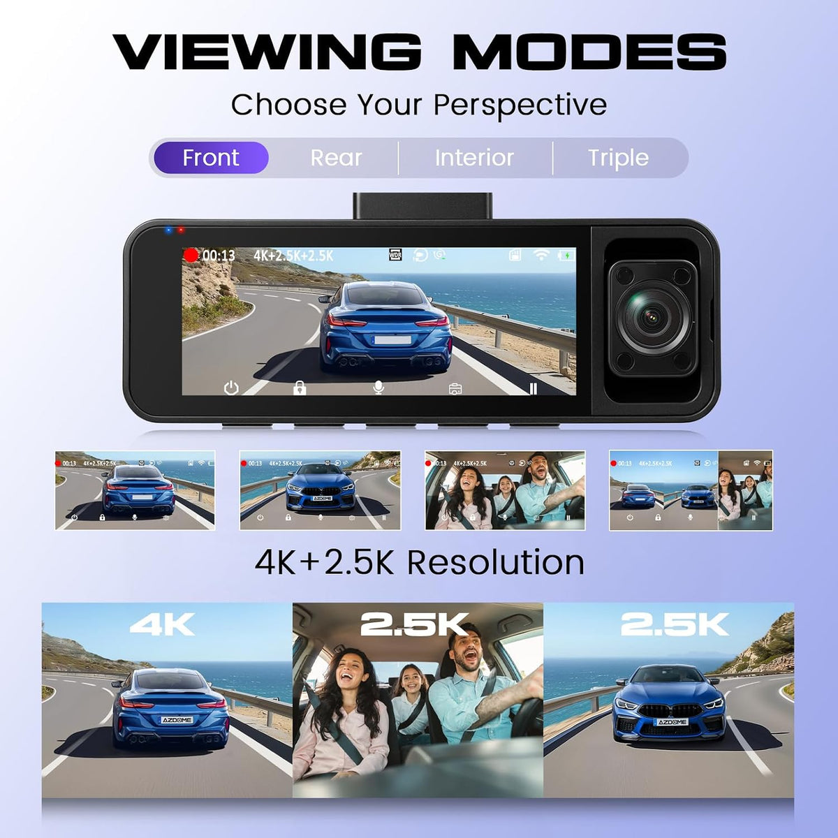 Hodozzy 3 Channel Dash Cam Front and Rear Inside, WiFi GPS, 4K Dash Camera