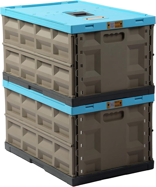 Heavy Duty Collapsible Storage Bins, Attached Lids, 12 Gal, 2 Pack | 400 LBS Stacking Strength, Secure Slide Lock, Durable PP Plastic, For Garage / RV / Car Trunk / Moving