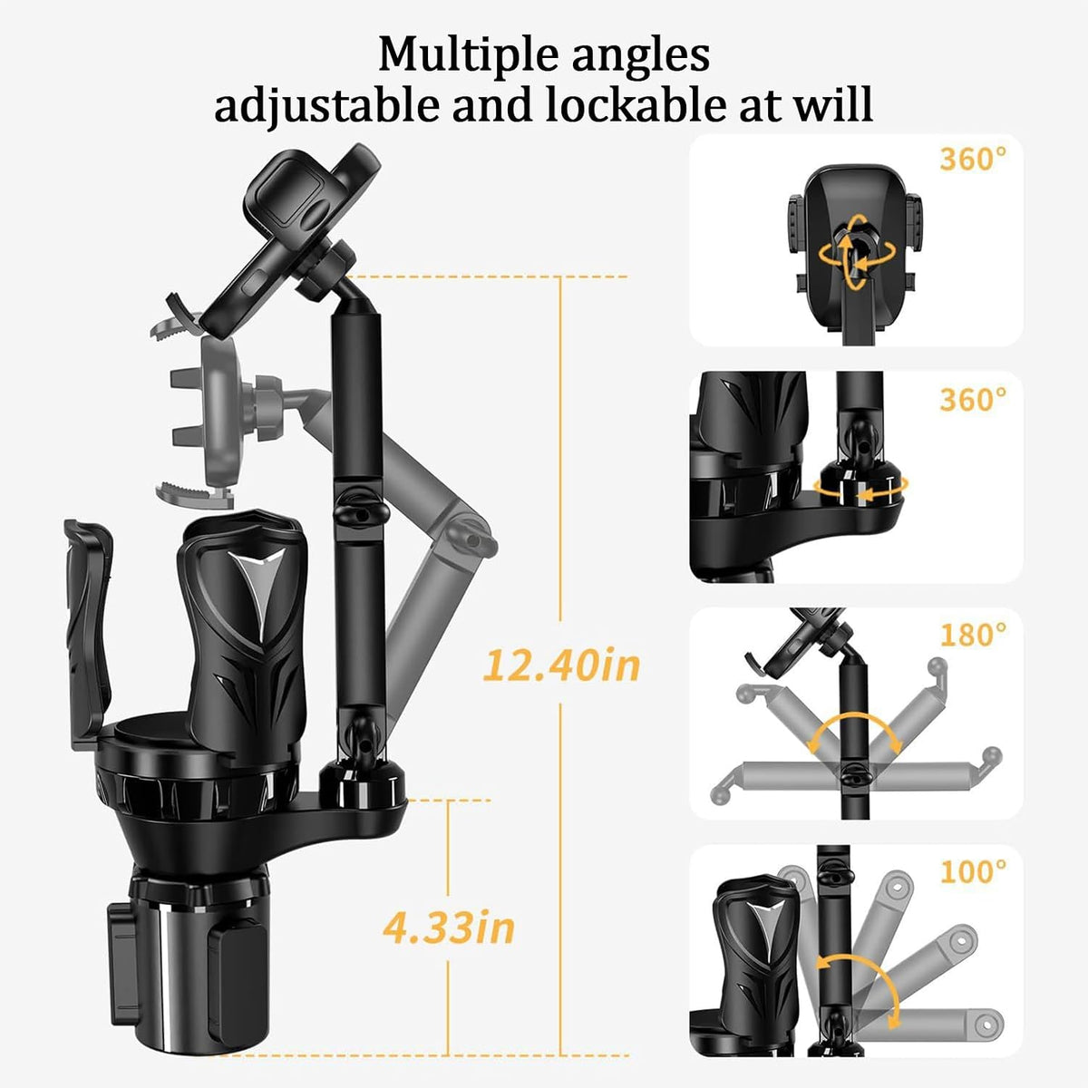 3-in-1 Car Cup Holder Expander with Adjustable Phone Mount – Universal Spill-Proof Bottle Holder & 360° Rotating Phone Stand for Large Drinks and Smartphones up to 4.1 Inches