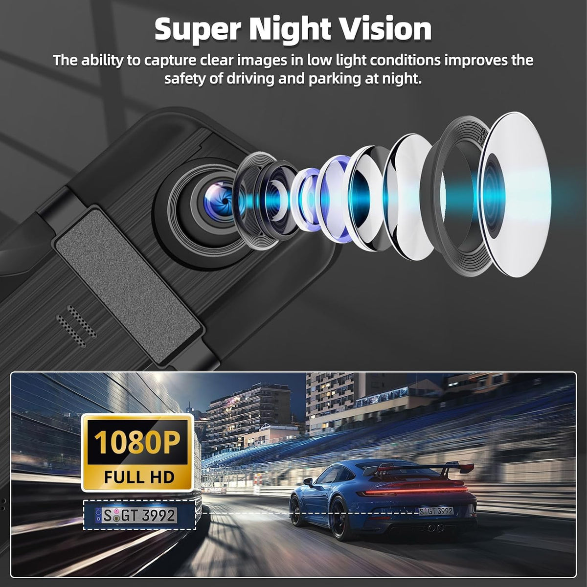 9.66" Mirror Dash Cam Night Vision,1080P Full HD Front and Rear View Mirror Camera for Cars,Dual Lens Cam with Loop Recording Streaming Media Motion Detection Parking Monitor Free 64 GB TF Card