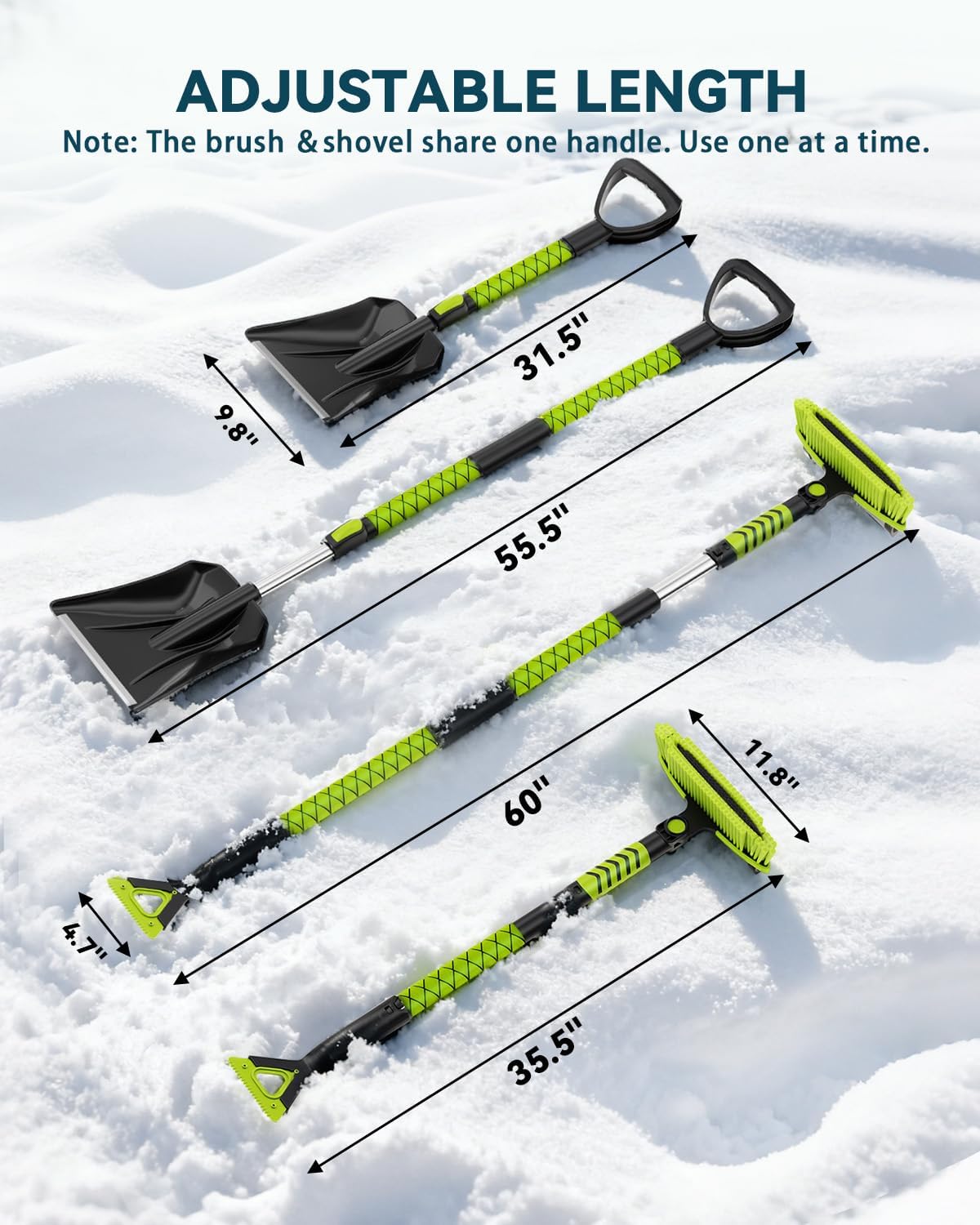 Upgraded 60'' Snow Brush & Snow Shovel with 2 Ice Scrapers, Extendable Snow Brush for Car Windshield with Squeegee, 4-in-1 Detachable Winter Snow Remover for Cars, SUVs, Trucks