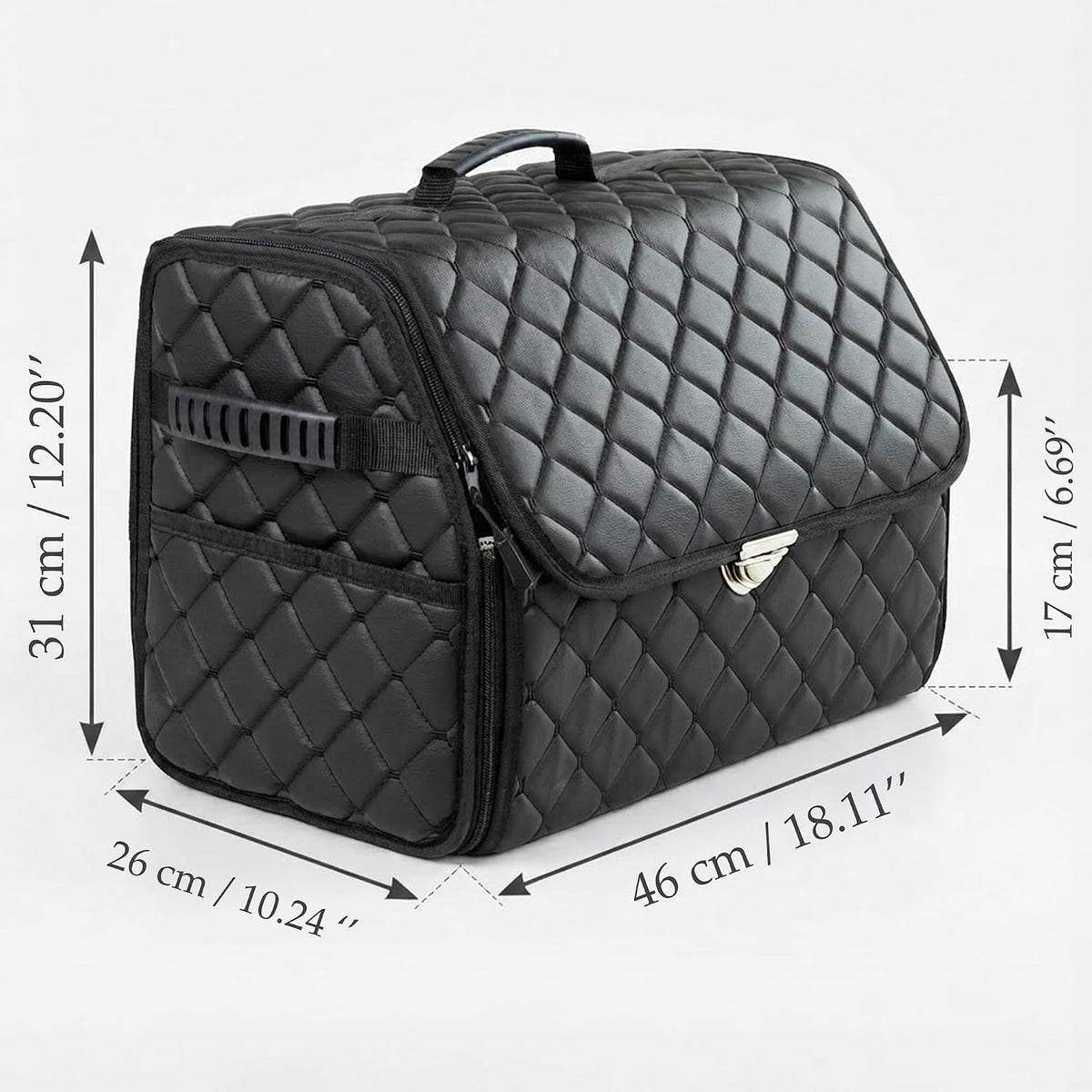Leather Trunk Organizer with Lid for Suv and more, Foldable Car Organizer, Car Organizers and Storage with Pockets, Non-Slip Design (Black-Black)