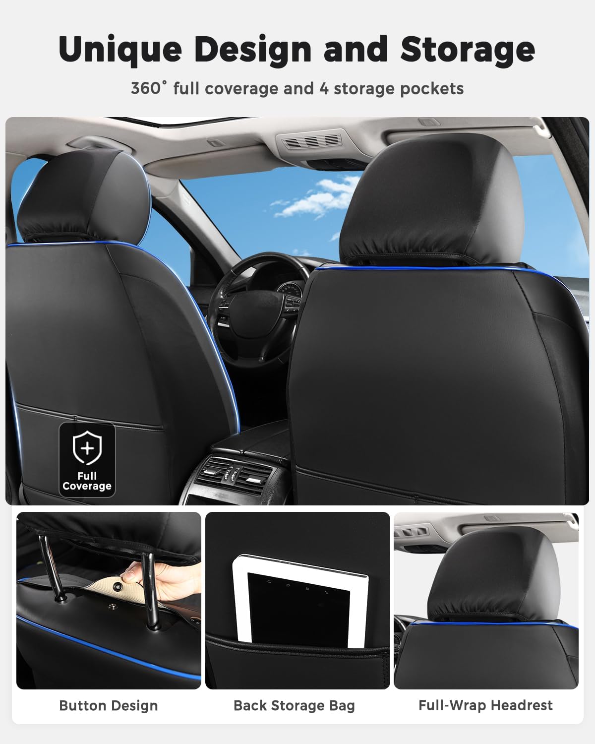 Huidasource Car Seat Covers Full Set, Leather Seat Cover Universal Fit for Most Cars Sedans SUVs Trucks, Airbag Compatible, Cup Holder Access, Easy Install, Wipes Clean, Wear-Resistant, Black&Blue