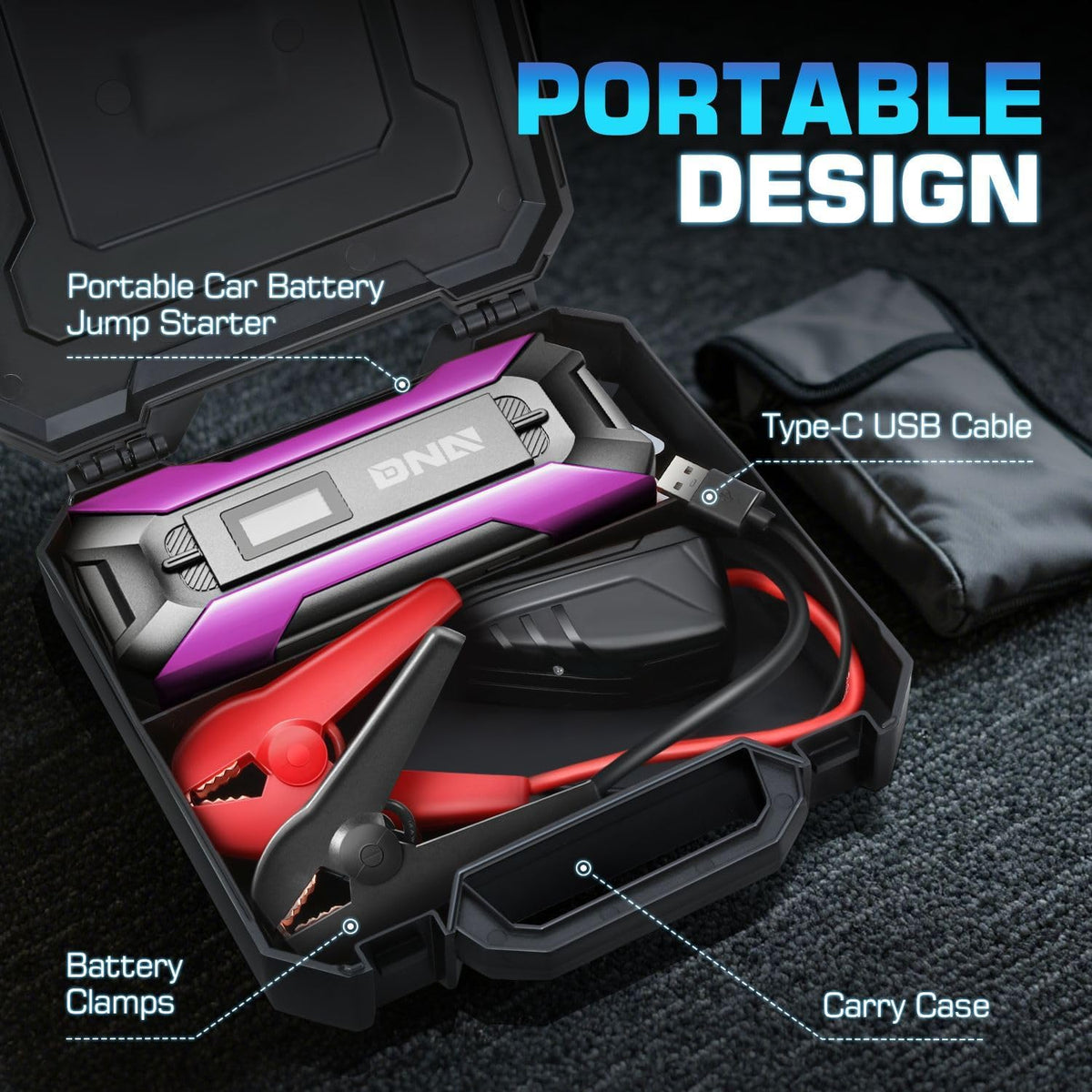 ‎DNA Motoring TOOLS-00268 12V 1500A 15000 mAh Multi-Function Portable Car Battery Jump Starter for Up to 7.0L Gas & 5.5L Diesel Engine, with Carry Case, Purple