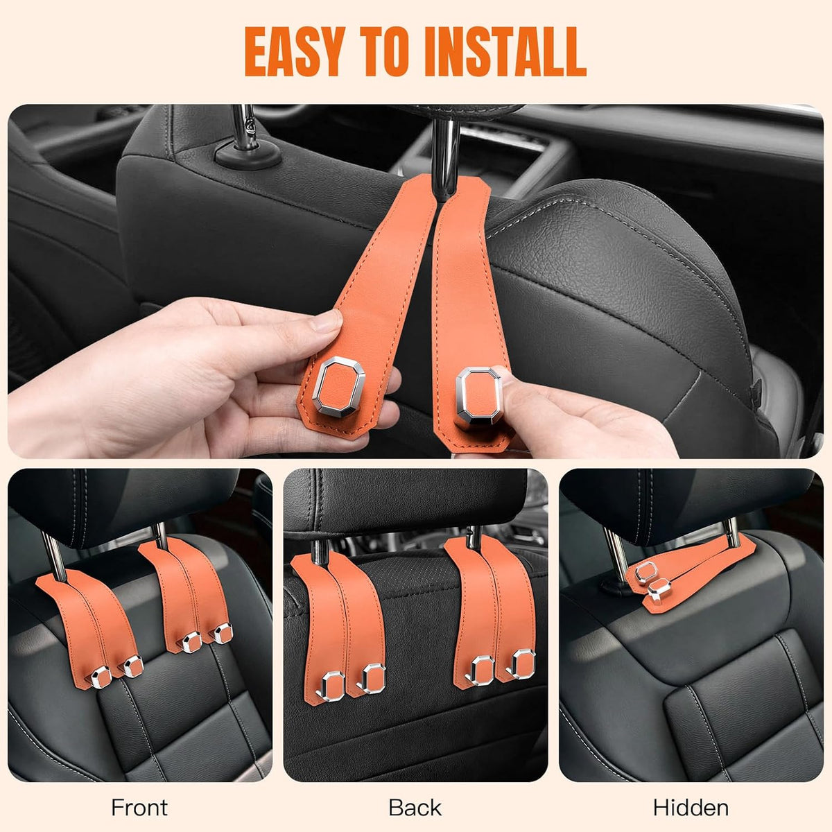 2PCS Car Hooks for Headrest, Faux Leather Purse Hook for Car Seat Back Organizers and Storage, Double Metal Purse Holder Bag Hanger, Universal Car Interior Accessories for Women Man
