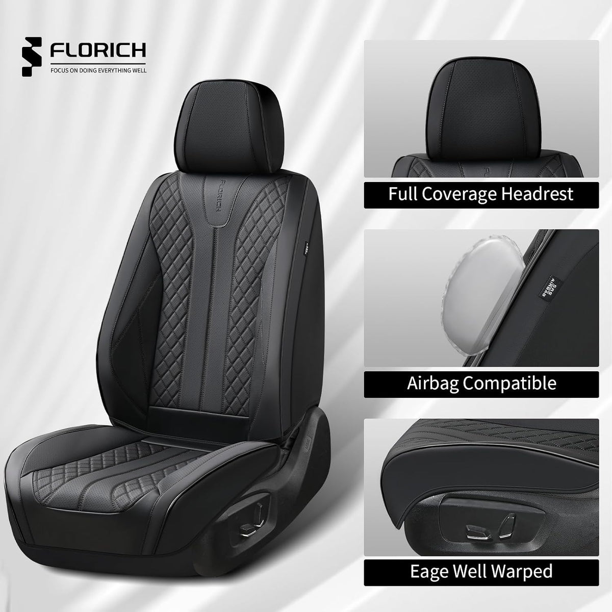 FLORICH Leather Automotive Seat Covers, Waterproof Seat Covers, Black Front Car Seat Cover, Full Coverage Car Seat Covers 2 Pack Car Seat Cushion Protector Universal Fit for Most Cars SUV Trucks
