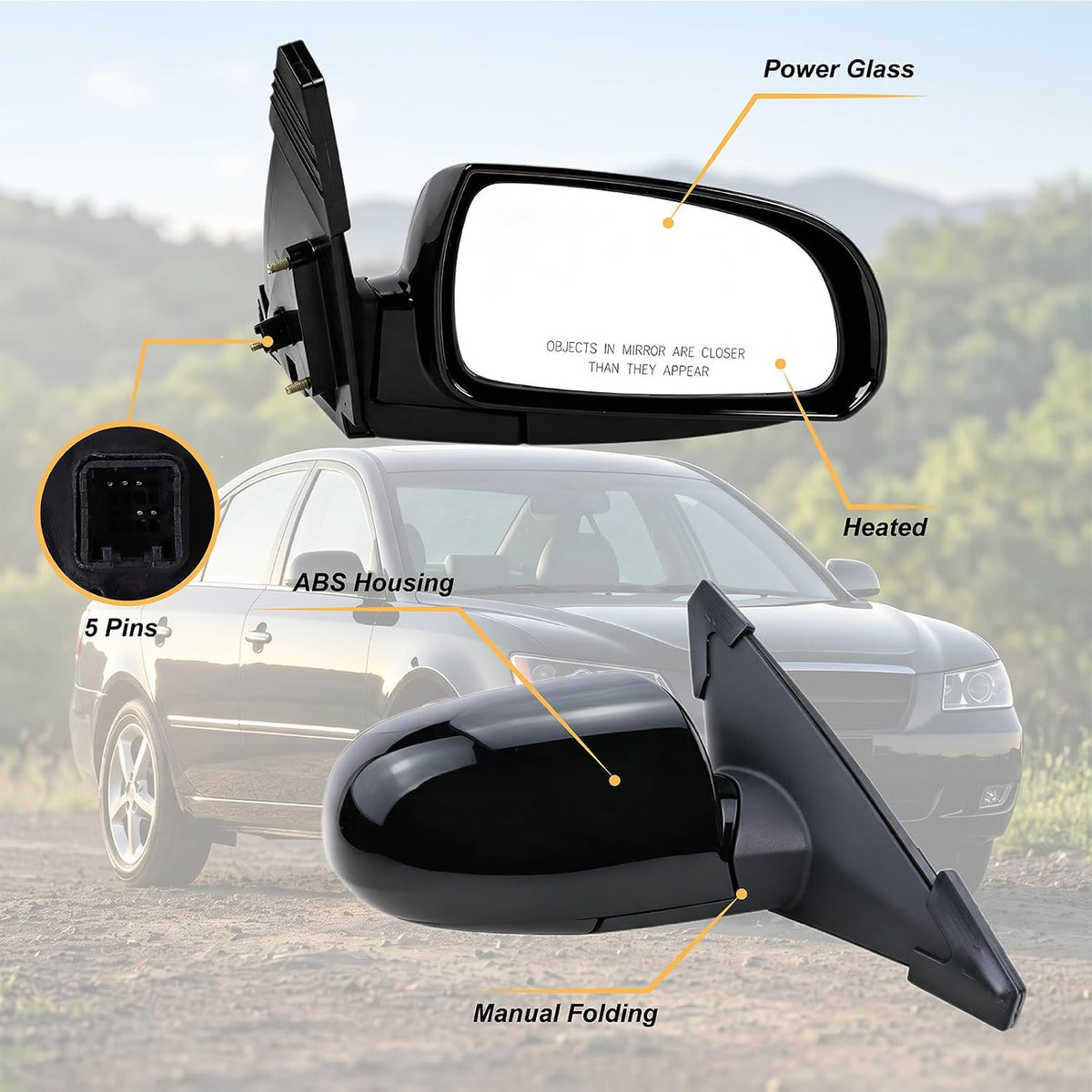 Right Passenger Side Mirror Compatible with 2006 2007 2008 2009 2010 Hyundai Sonata With Power Glass Manual folding Heated Black Replace#87620-0A000(5Pins)