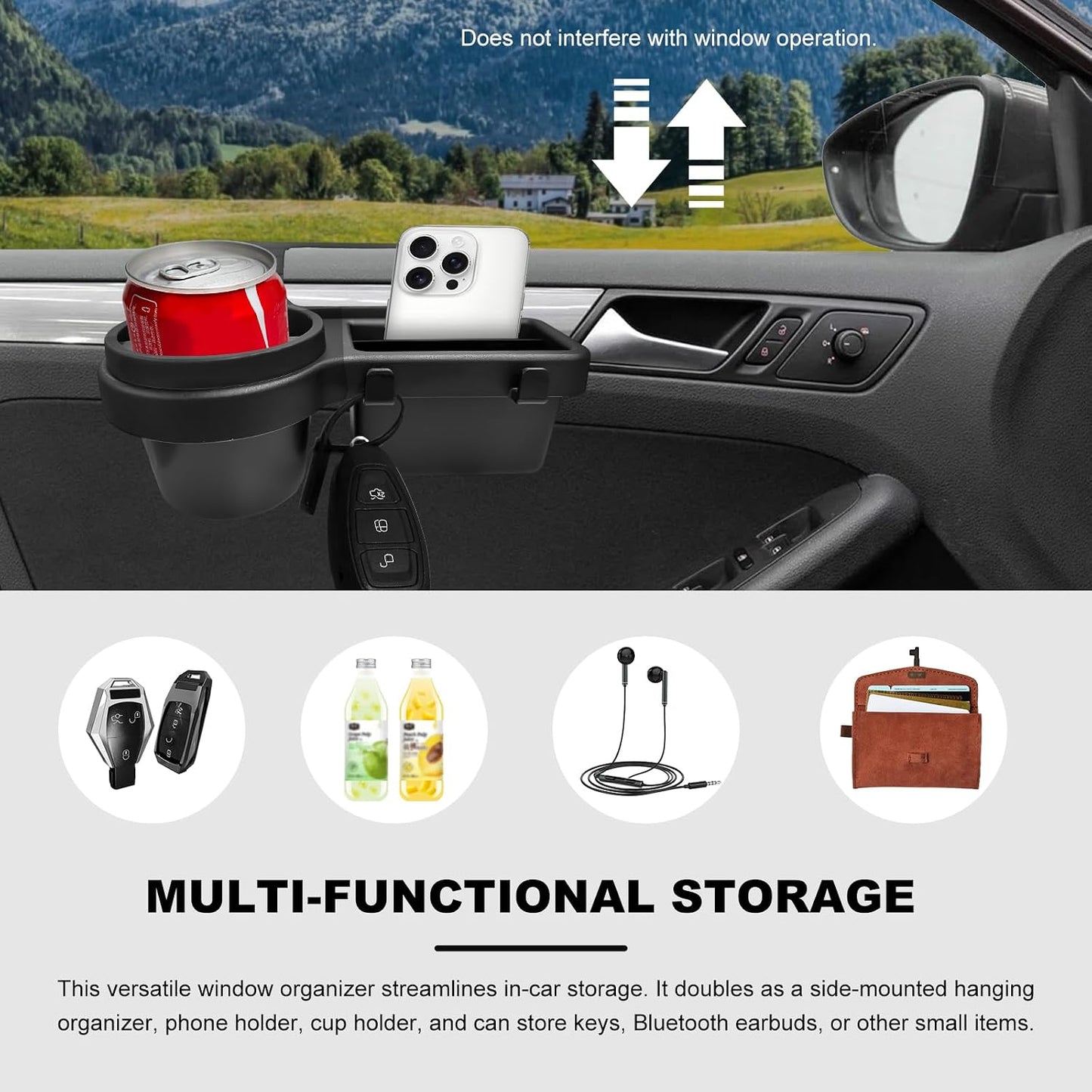 Car Window Multifunctional Storage Organizer, Vehicle Door Side Hanging Storage Rack with Cup Holder, Auto Window Mount Organizer for Cell Phone Earphone Key Water Cup