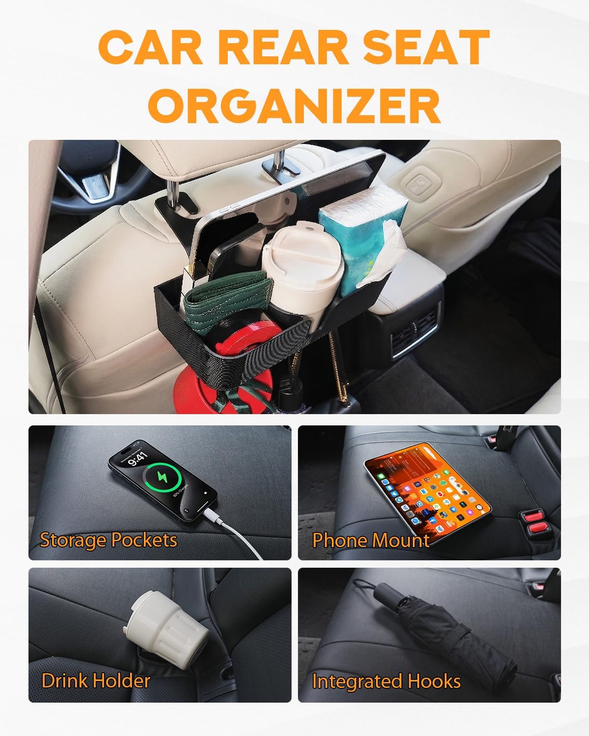 PBYMT 3 in 1 Car Headrest Backseat Organizer with 3.7" Cup Holder & Hooks, Seat Back Organizer Storage for Travel Accessories, Perfect for Kids, Road Trips, SUV, Truck - 2PCS