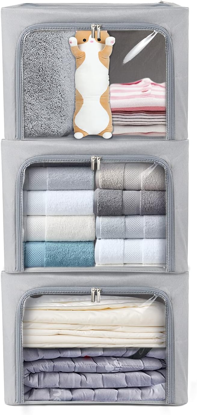 Clothes Storage Box Bins Stackable Foldable Organizer with Metal Frame for Clothing Bedding Shelves,Closet Container with Clear Window Zipper and Label Holder (Gray,Small-40L x3 Pack)