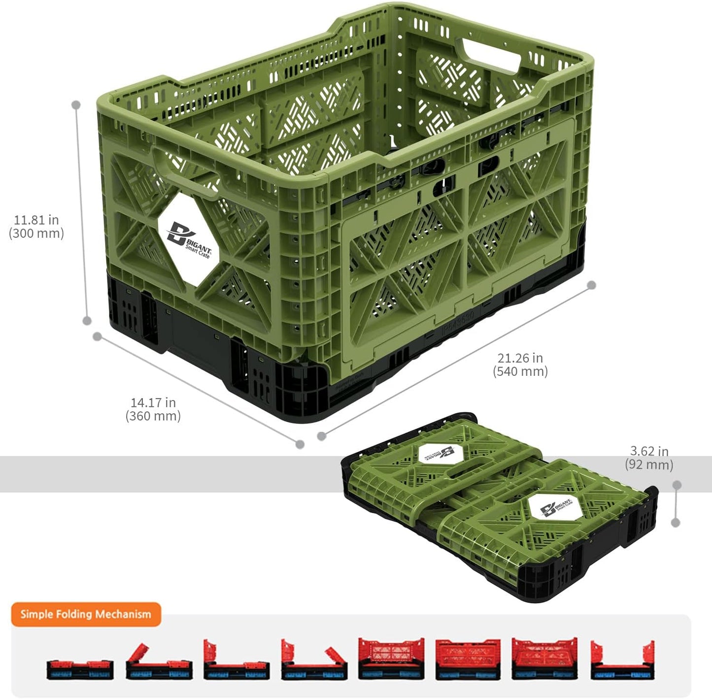 Bigant Heavy Duty Collapsible & Stackable Plastic Milk Crate-Medium Size, Olive, Stackable Open Front Organizer, Set of 1, Snap Lock Foldable Industrial Garage Storage Bin Container Utility Basket