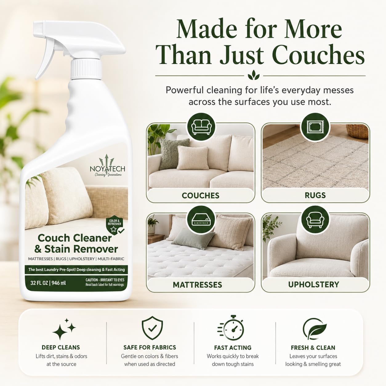 NOYATECH Couch Cleaner and Stain Remover Spray - Professional Strength Non-Toxic Multi-Surface Fabric and Upholstery Cleaner for Couches, Sofas, Sectionals, Microfiber & Car Interiors, 32 oz