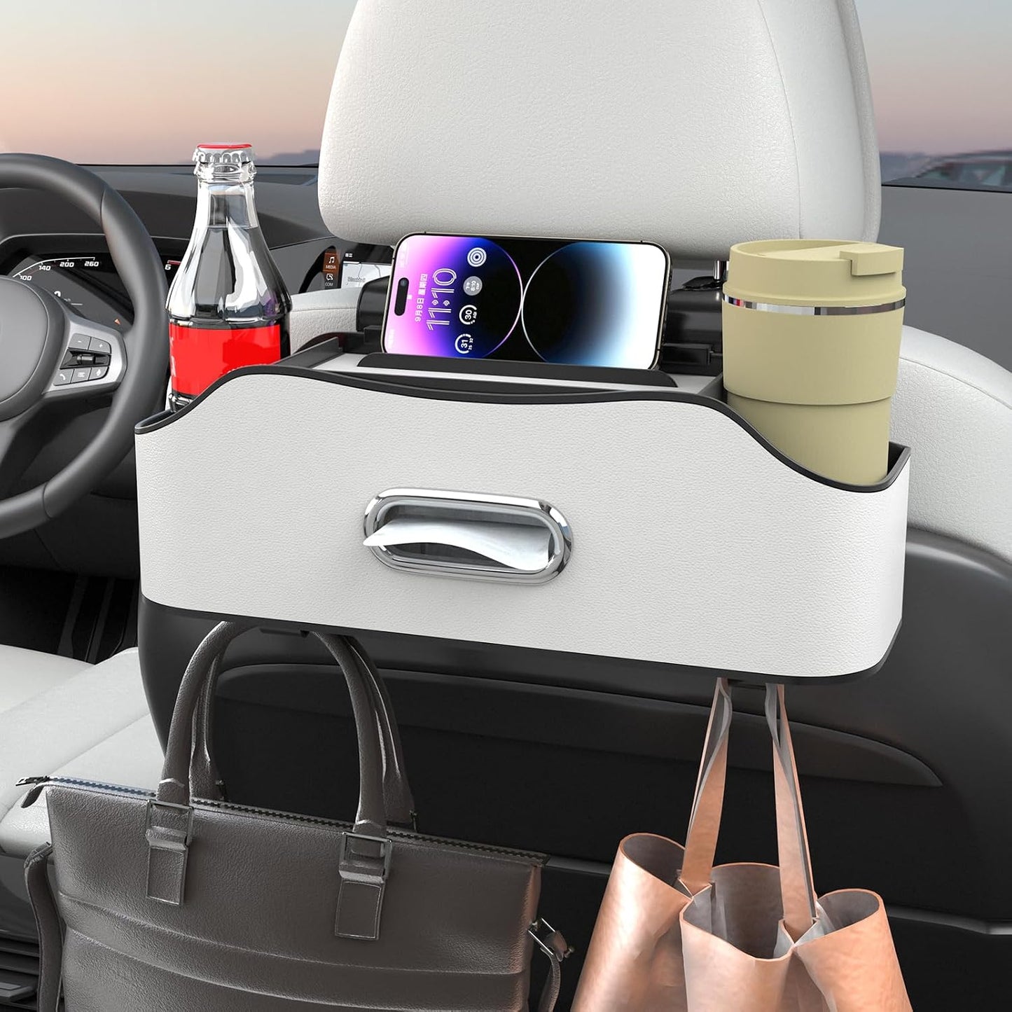 Back Seat Cup Holder for Car – Multifunctional Seat Back Organizer with Drink Holders, Tissue Box Storage & Hooks, Fits Headrest for Auto. (White)