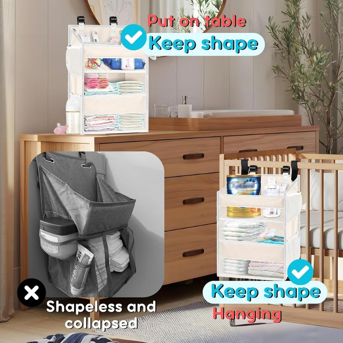 Hanging Diaper Organizer, 2 Tier Hanging Diaper Caddy, Holds 90+ Diapers | Diaper Organizer for Changing Table,Cribs,Car,Playard or Wall & Nursery Organization, 4 Mesh Pockets, Won't Deform, Beige