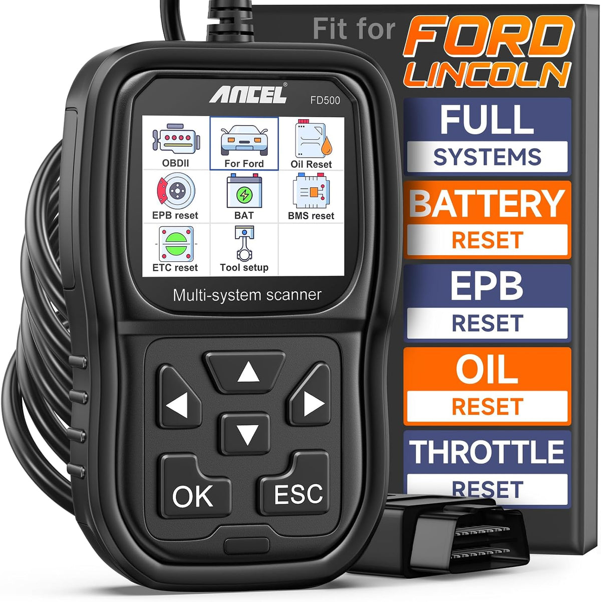 ANCEL FD500 OBD2 Scanner for Ford, Lincoln, Mercury, Battery Registration