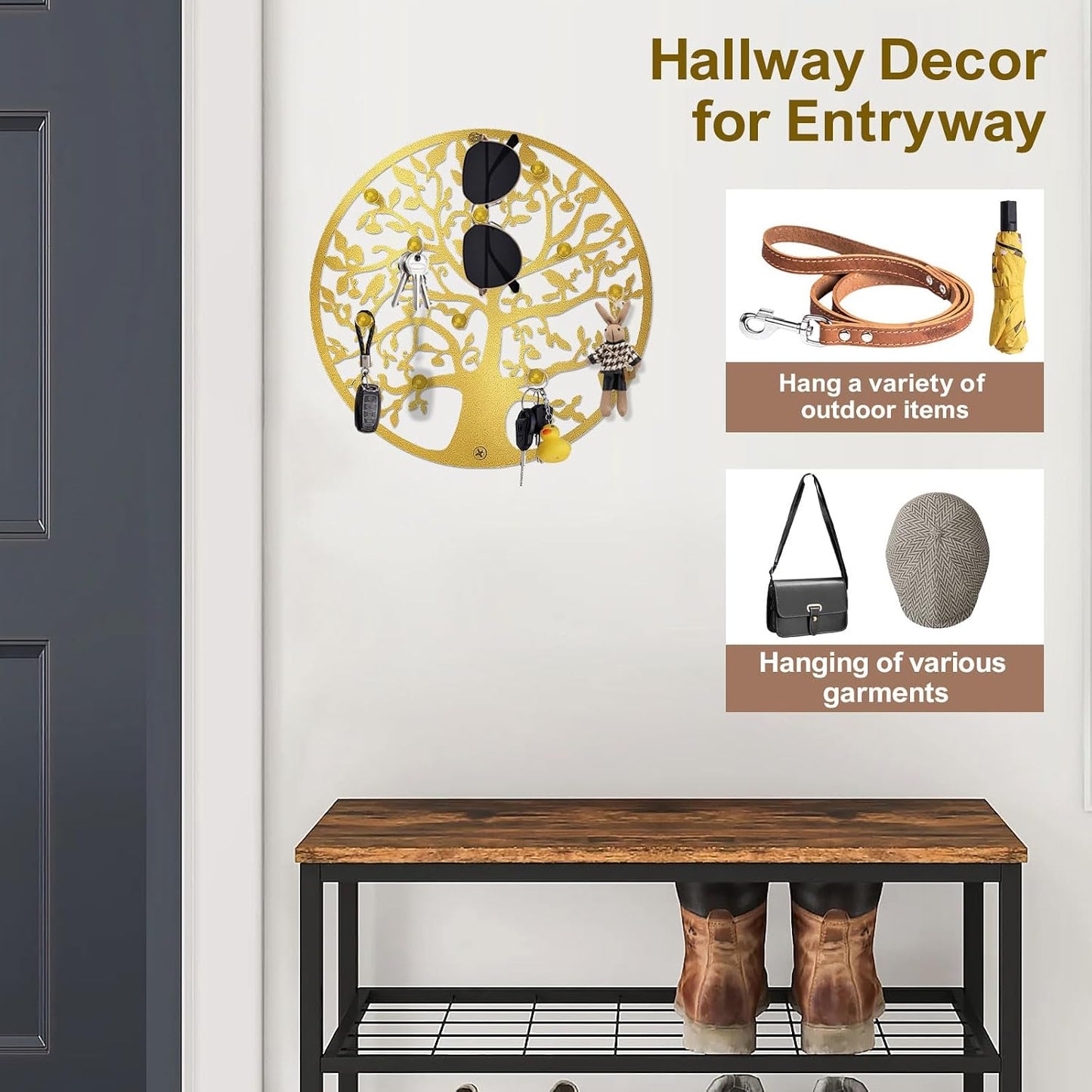 Round Decorative Home Key Holder Wall Mount, Metal Tree Car Key Rack for Wall Organizer for Keys, Wallets, Hats, Used for Decor for House Entryway, Kitchen, Garage, Office (12" Gold)