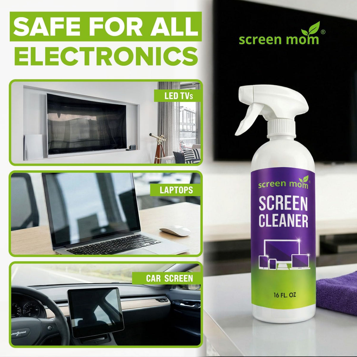 Screen Mom Screen Cleaner Spray 2 Pack-16oz for TV, Car, Laptop & Computer | Streak-Free Formula, Alcohol & Ammonia-Free, Safe for TVs, OLED Glass Tablets & Phones, Gentle Cleaning, No Residue Finish