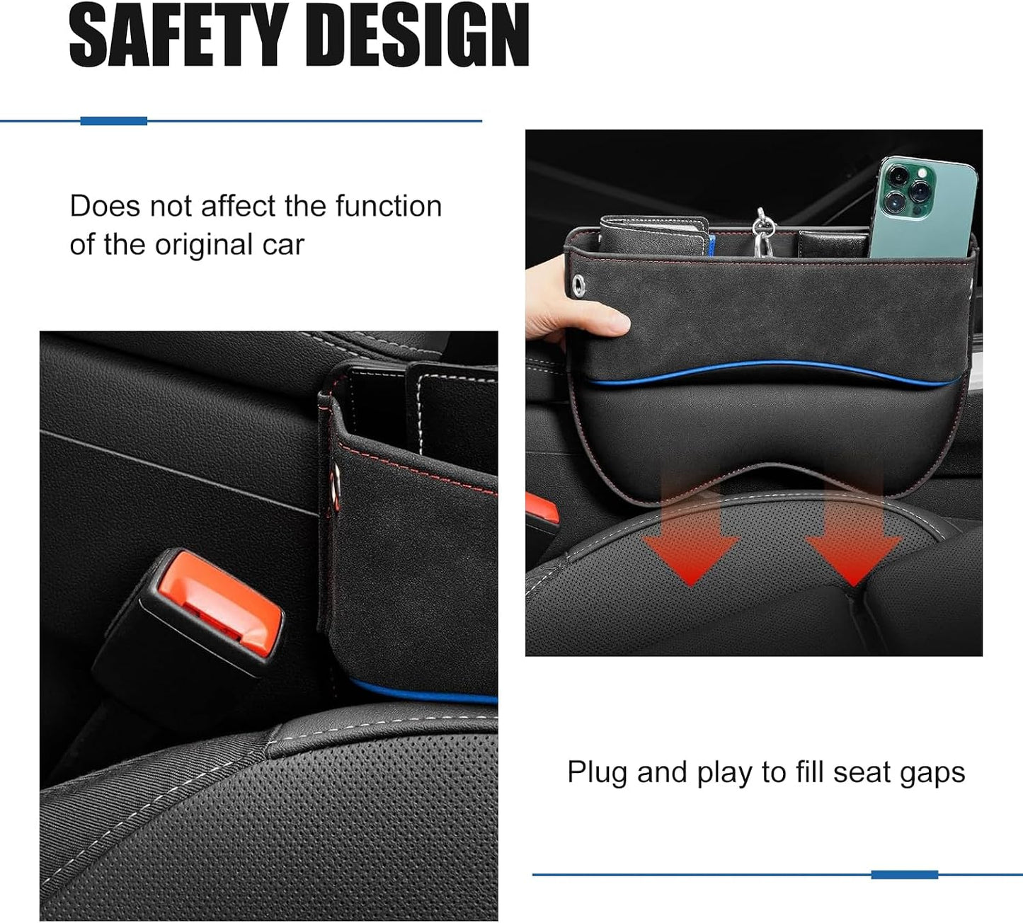 Car Seat Gap Filler Organizer, Leather Seat Storage Box with Cable Port, Anti-drop Multi-functional Center Console Organizer for Phone Key Card, Side Gap Filler for Most Cars (Black)