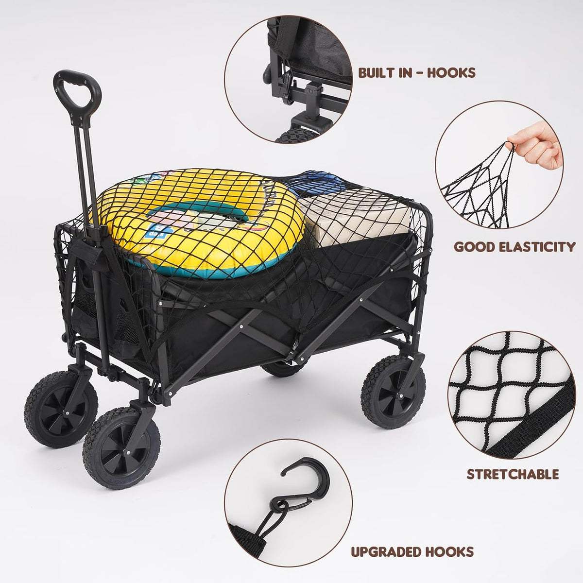 Elastic Mesh Cargo Net for Folding Wagon, Heavy Duty Stretch Storage Cover with 6 Hooks for Beach Cart, Garden Utility Trolley Accessories, 35.5 x 23.6 Inch Black
