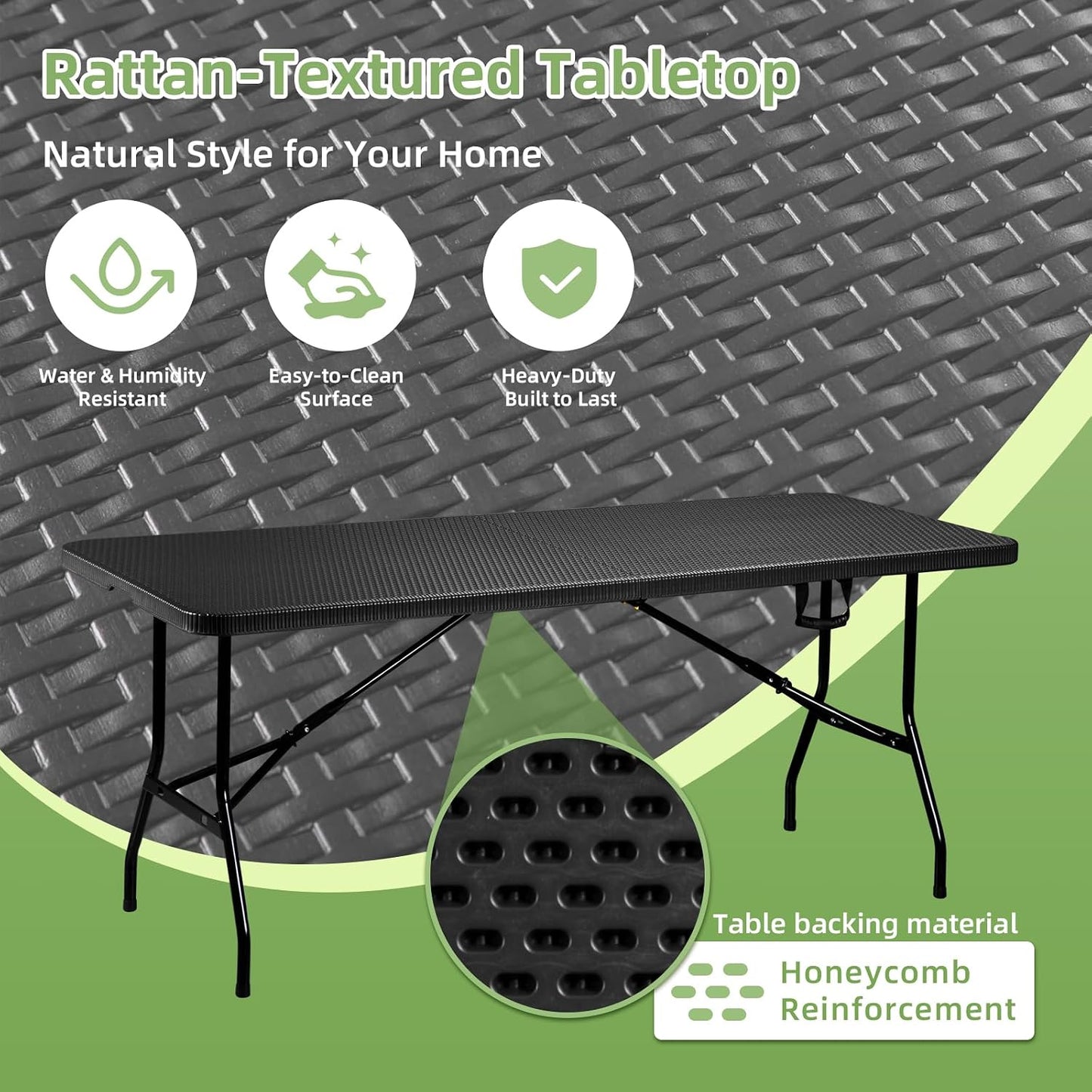 6FT Folding Table Portable Plastic Table with Carry Handle Fold-in-Half Utility Foldtable Table Black Ratten for Outdoor Party,Dining,Wedding,Camping,Picnic,Events