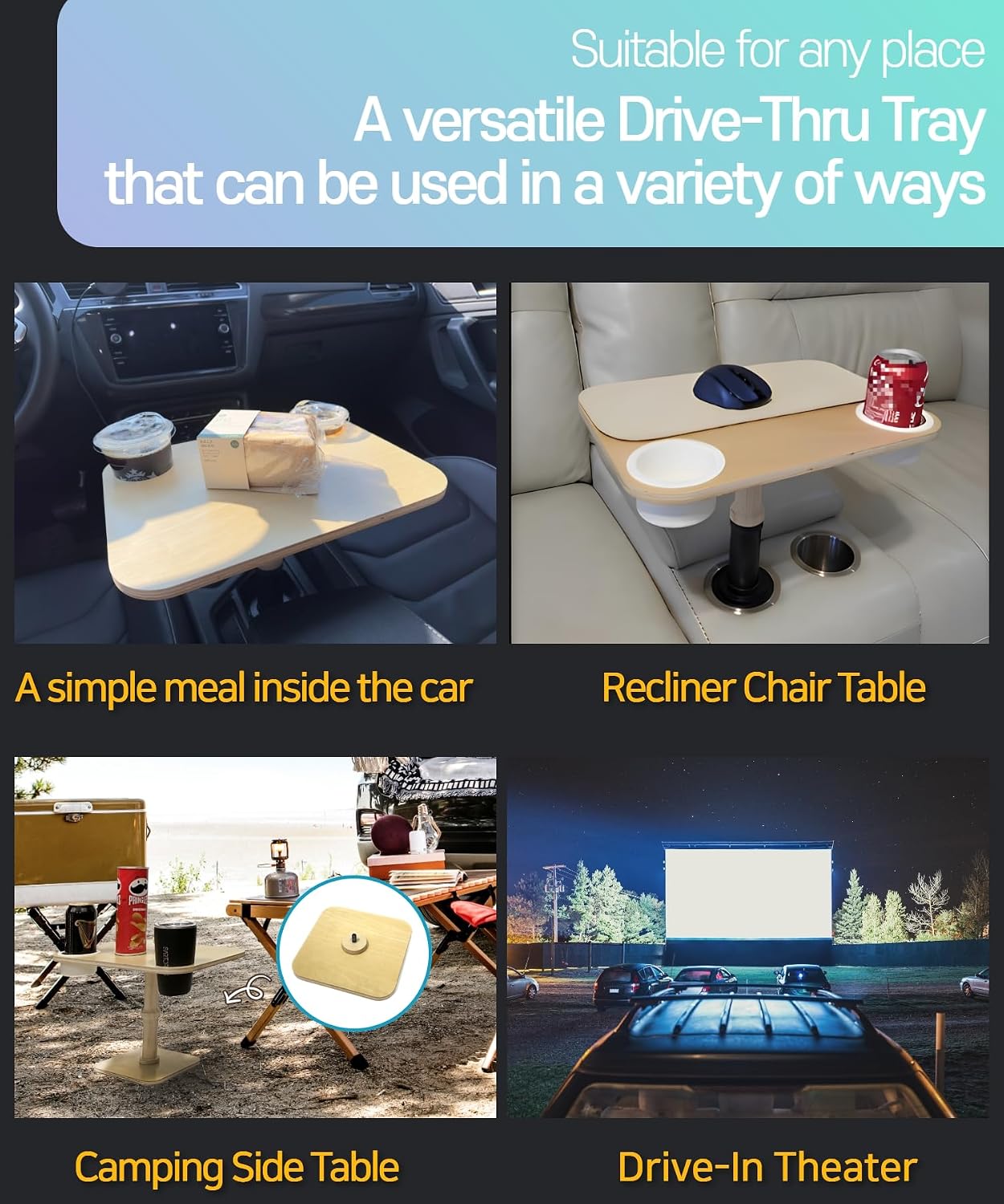 2-in-1 Drive-Thru Tray: Car Food Tray, Wood Car Trays for Eating in Parked Car, Car Desk for Laptop, Car Cup Holder Tray for Road Trip, Taxi, RVs, Truck Drivers