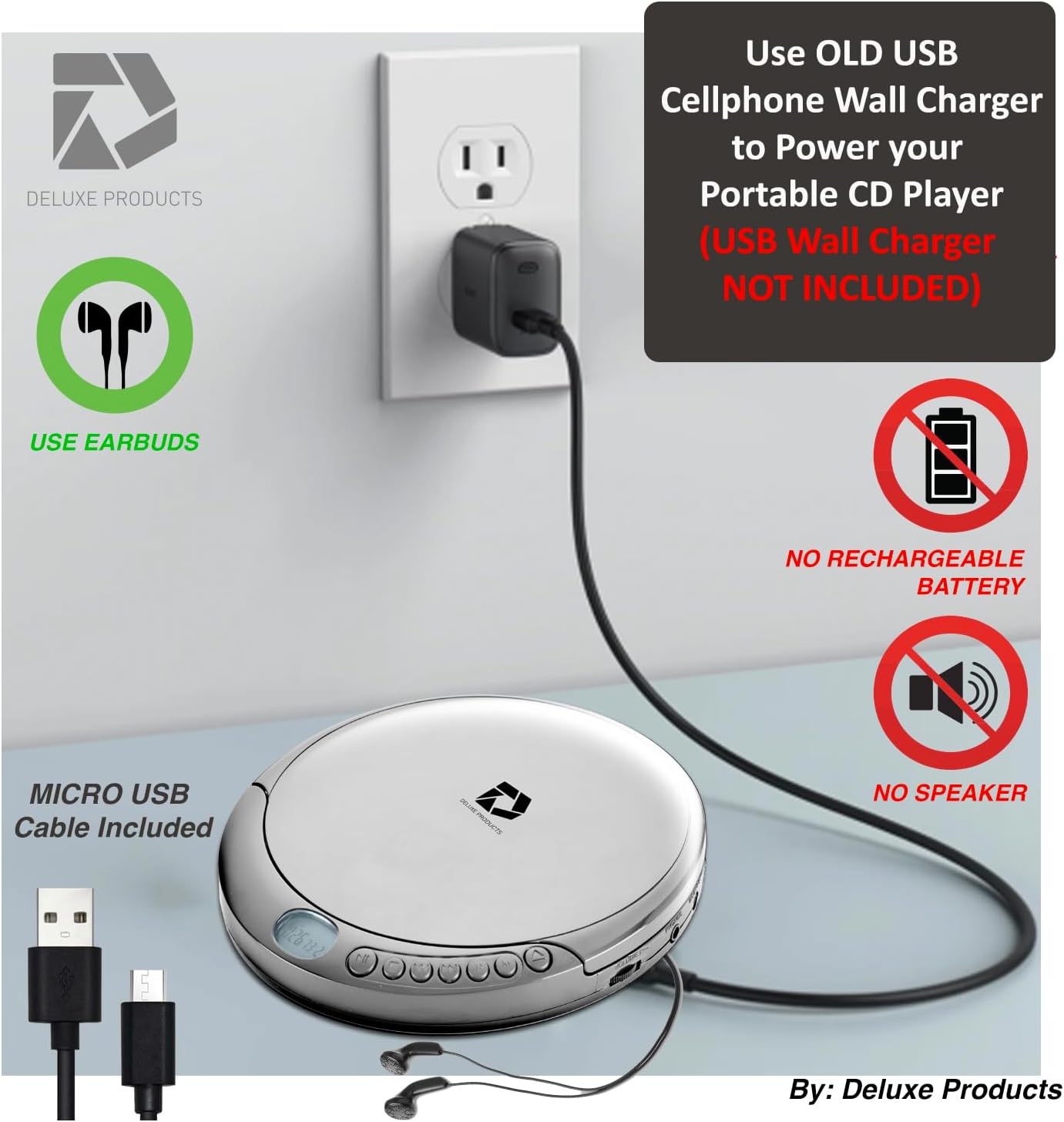 Deluxe Products CD Player Portable with 60 Second Anti Skip, Stereo Earbuds, Includes Aux in Cable and AC USB Power Cable for use at Home or in Car. Silver
