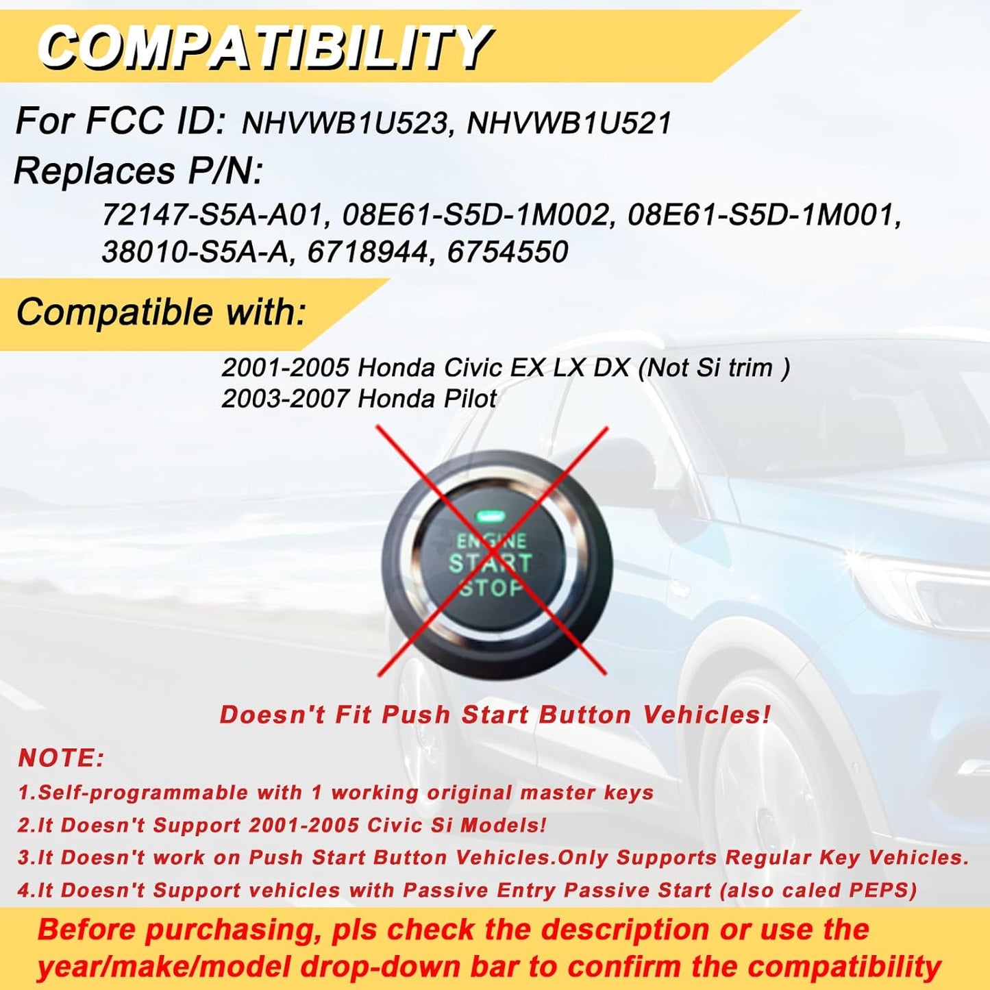 Vurkcy Keyless Entry Remote Car Key Fob fits Honda Pilot 2003 2004 2005 2006 2007/ Honda Civic EX LX DX 2001 2002 2003 2004 2005, Replacement for NHVWB1U523, NHVWB1U521 (Single)
