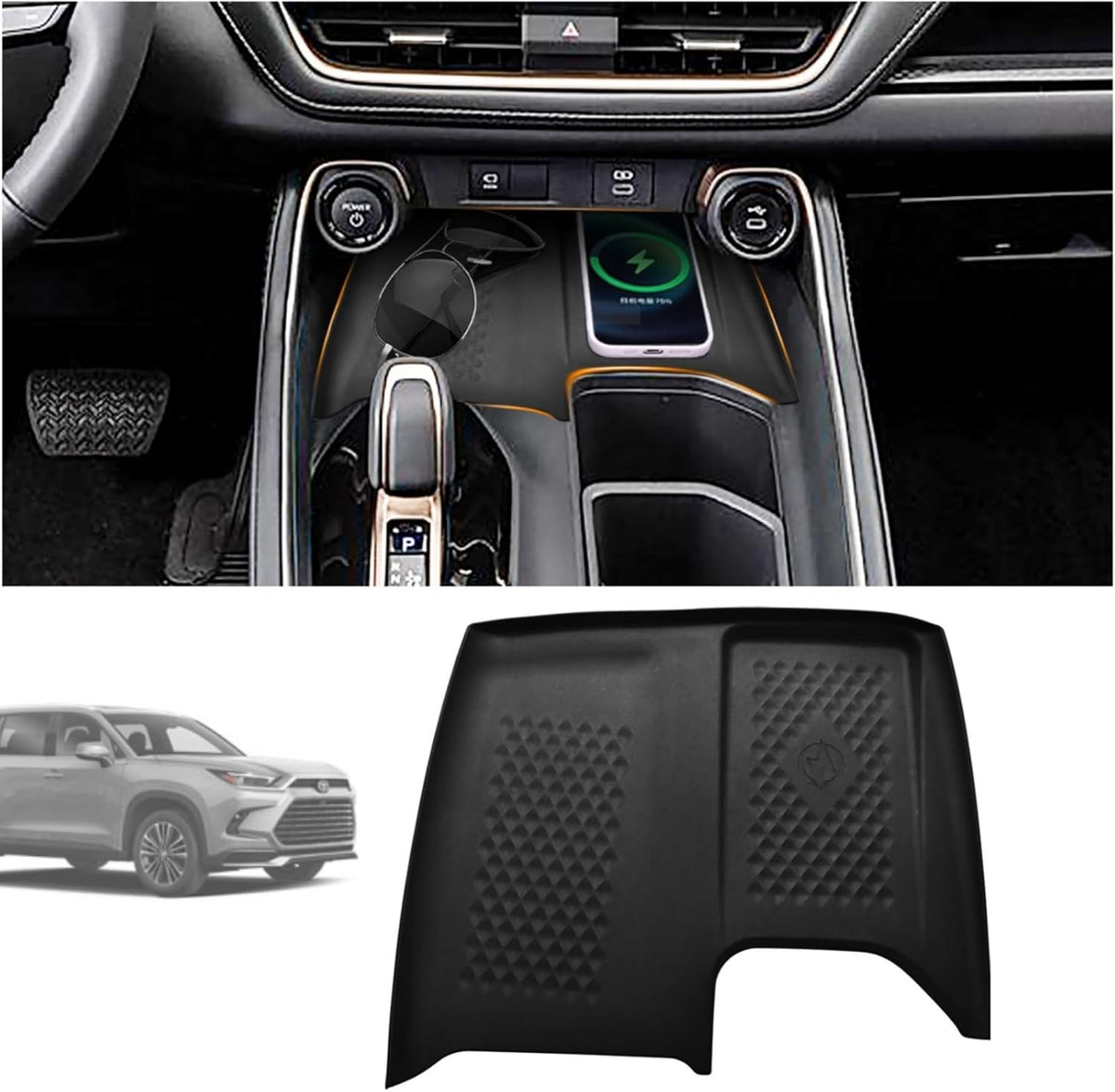2Pcs Cup Holder Insert and Charging Mat for 2024-2026 Hyundai Santa Fe