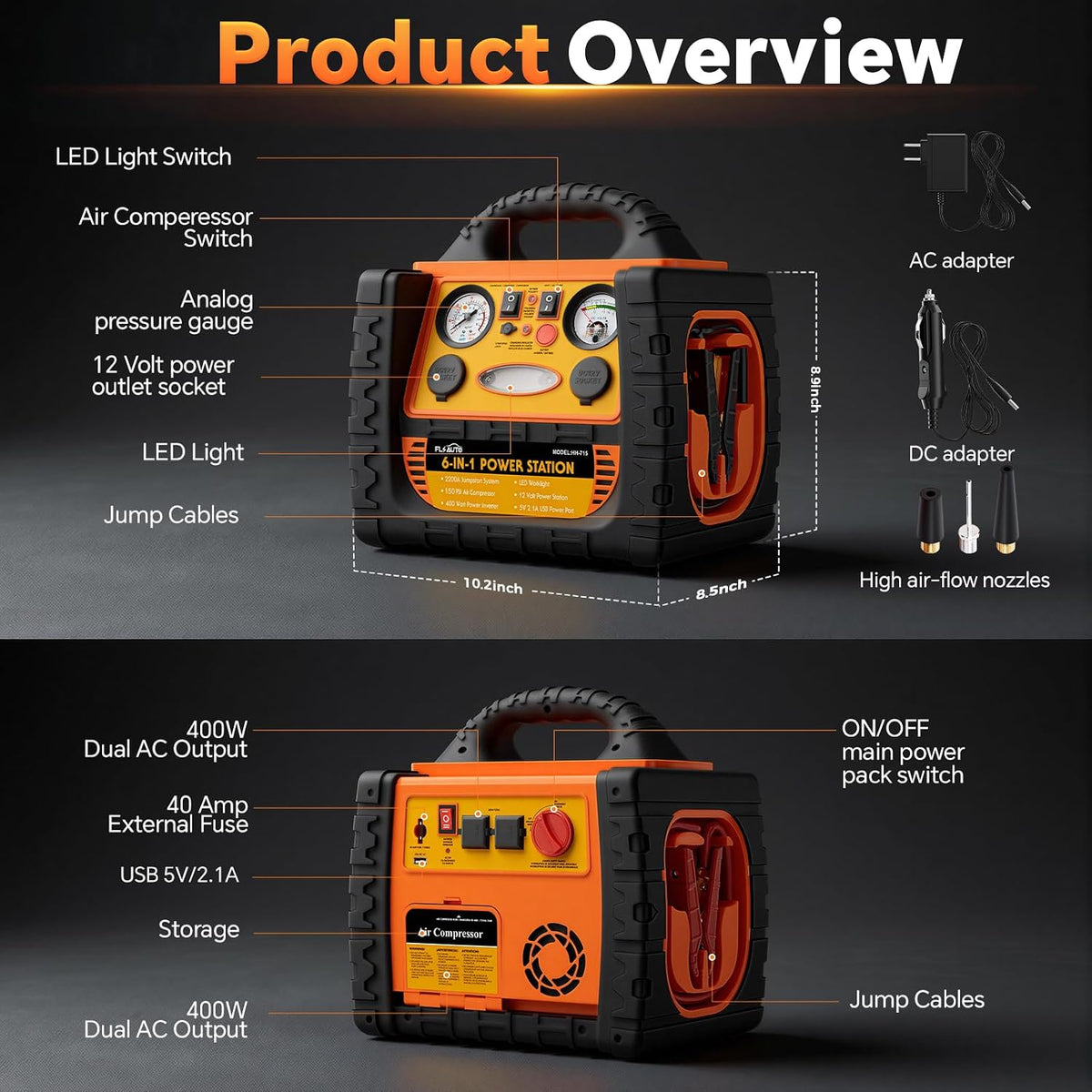 Portable Jump Starter with Air Compressor, FlyAuto 2200A Battery Booster for Cars, Trucks & SUVs, Up to 8.5L Gas & 8.0L Diesel, 150PSI Tire Inflator, Emergency Power Pack with AC/DC/USB
