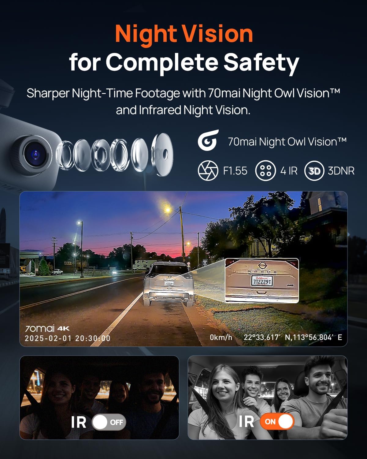 70mai 4K Dash Cam Front and Interior, 4K HDR Dash Camera with F1.55 Aperture, Wi-Fi 6, 24H Parking Surveillance, GPS, Loop Recording, 64GB Card Included, UHD Dashcam for Cars/Taxi/Uber/Lyft