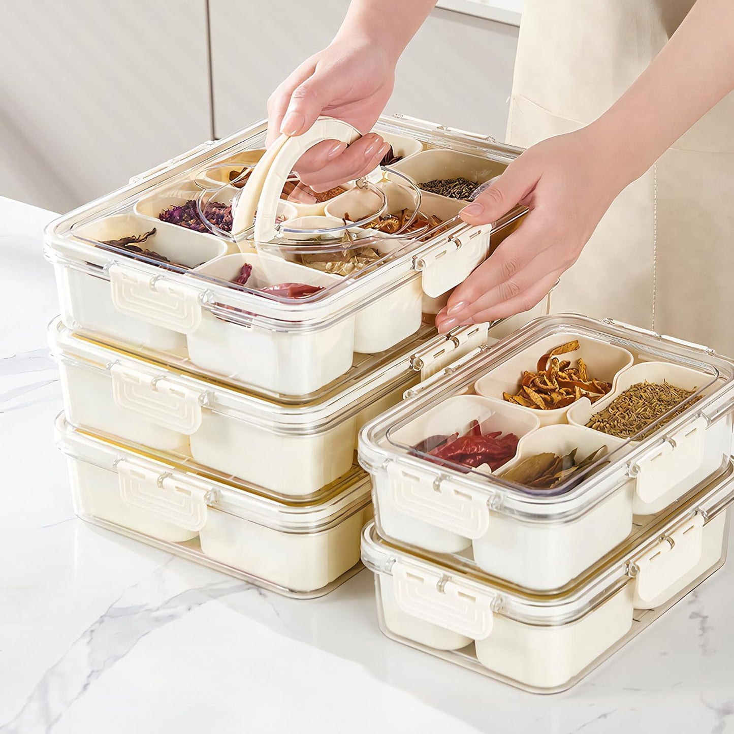 2Pack Divided Veggie Tray with Lid and Handle 8 Compartment Serving Tray with Dividers Portable Travel Snack Containers Stackable Snackle Box Charcuterie Container for Fruit,Vegetable,Salad
