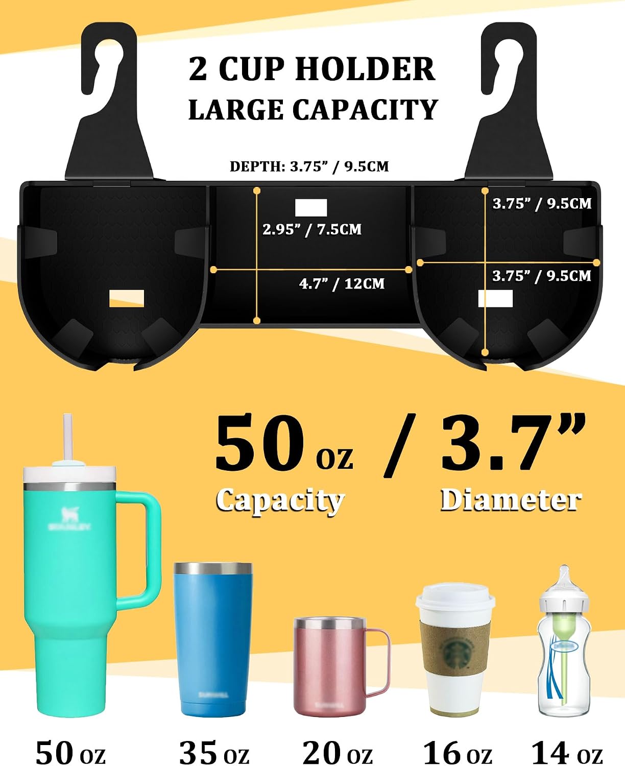 Car Headrest Backseat Cup Holder 3.7" with Organizer, High Capacity 4 in 1 Seat Back Organizer with Headrest Hooks, Multifunctional Storage for Car Travel Accessories Compatible with Most Vehicles