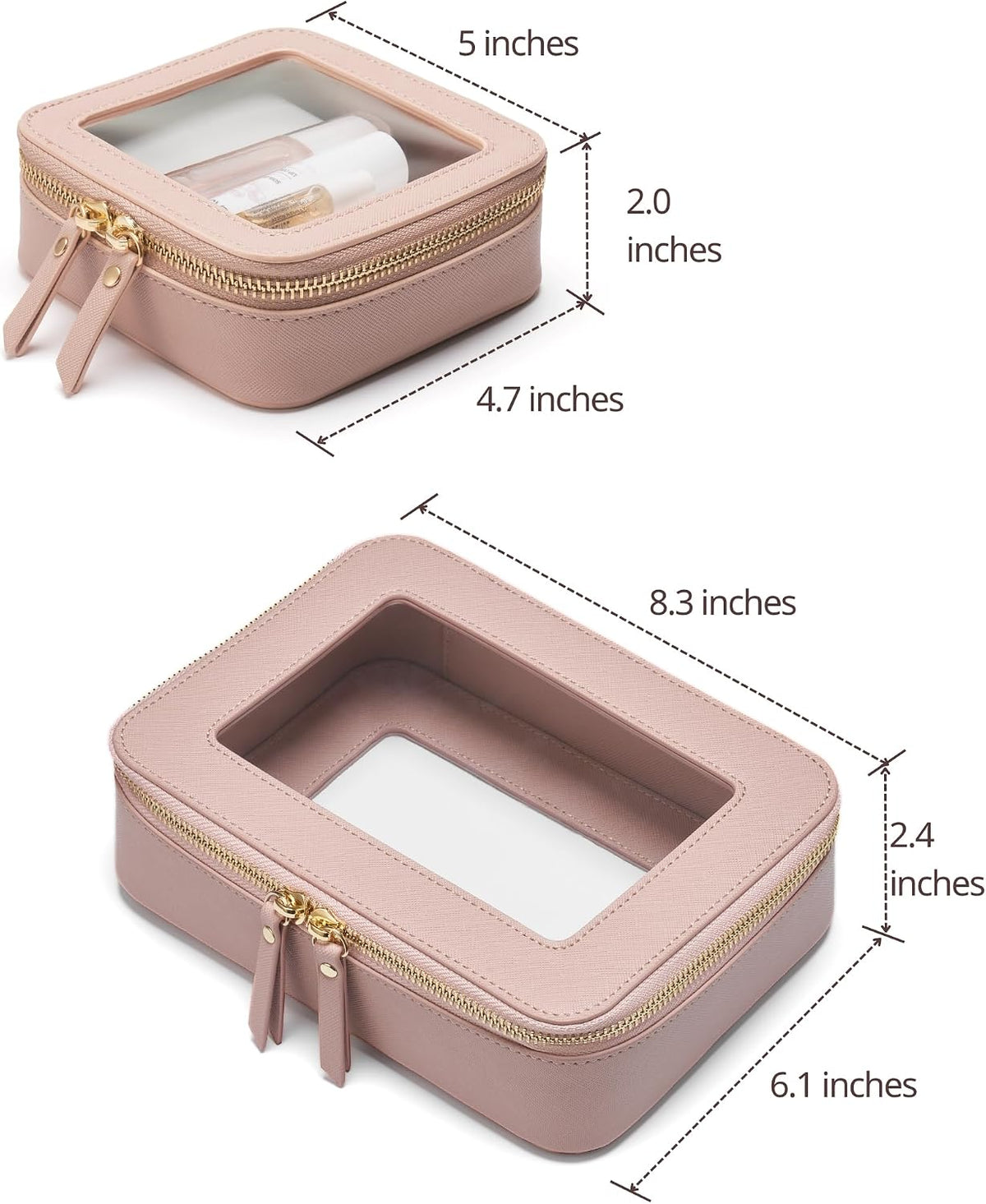 Popvibe Clear Makeup Bag with Zipper, Set of 2, Mini and Medium, Mauve Pink