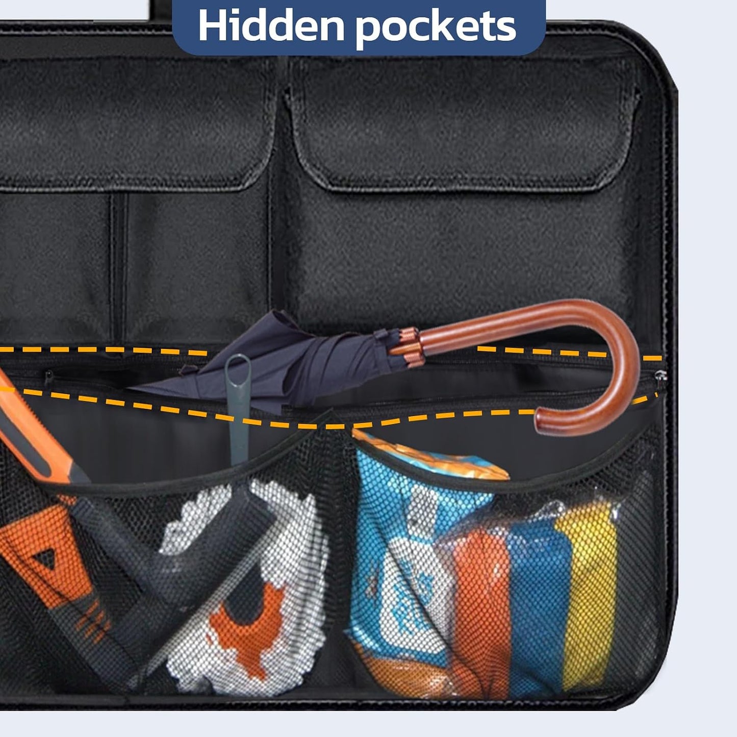 Car Trunk Organizer with Lid, SUV/Truck Compatible, Large Capacity, 6 Pockets &amp; 3 Mesh Pouches