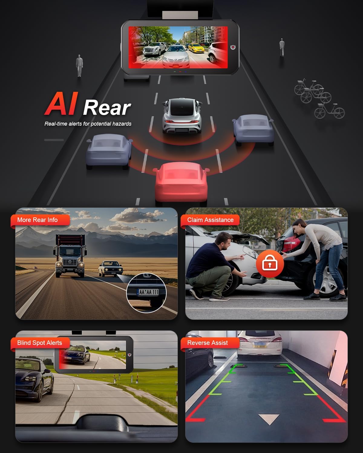 AKEEYO 3-Channel Dash Cam Front and Rear, Industry-First Telephoto Lens for 50M License Plate Capture, 2K Triple Lens Car Camera,5GHz WiFi,AI ADAS & BSD Blind Spot Detection,24H Parking Mode,64GB Card