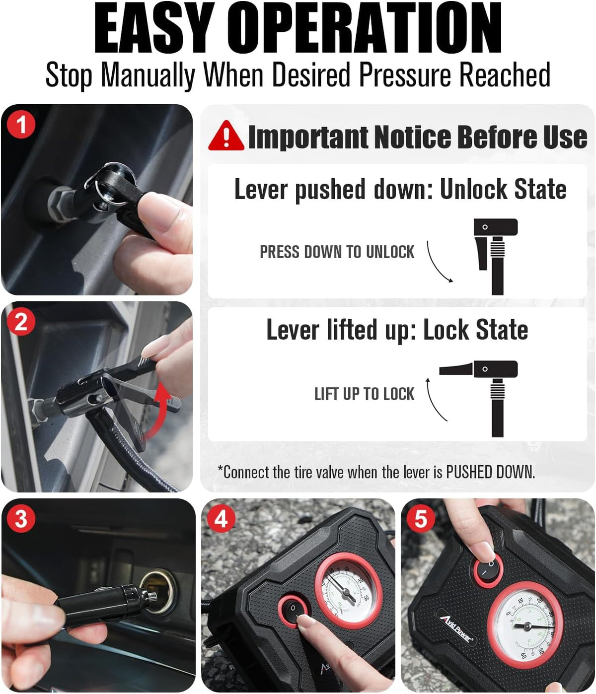 AVID POWER 12V Tire Inflator Portable Air Compressor, Lightweight