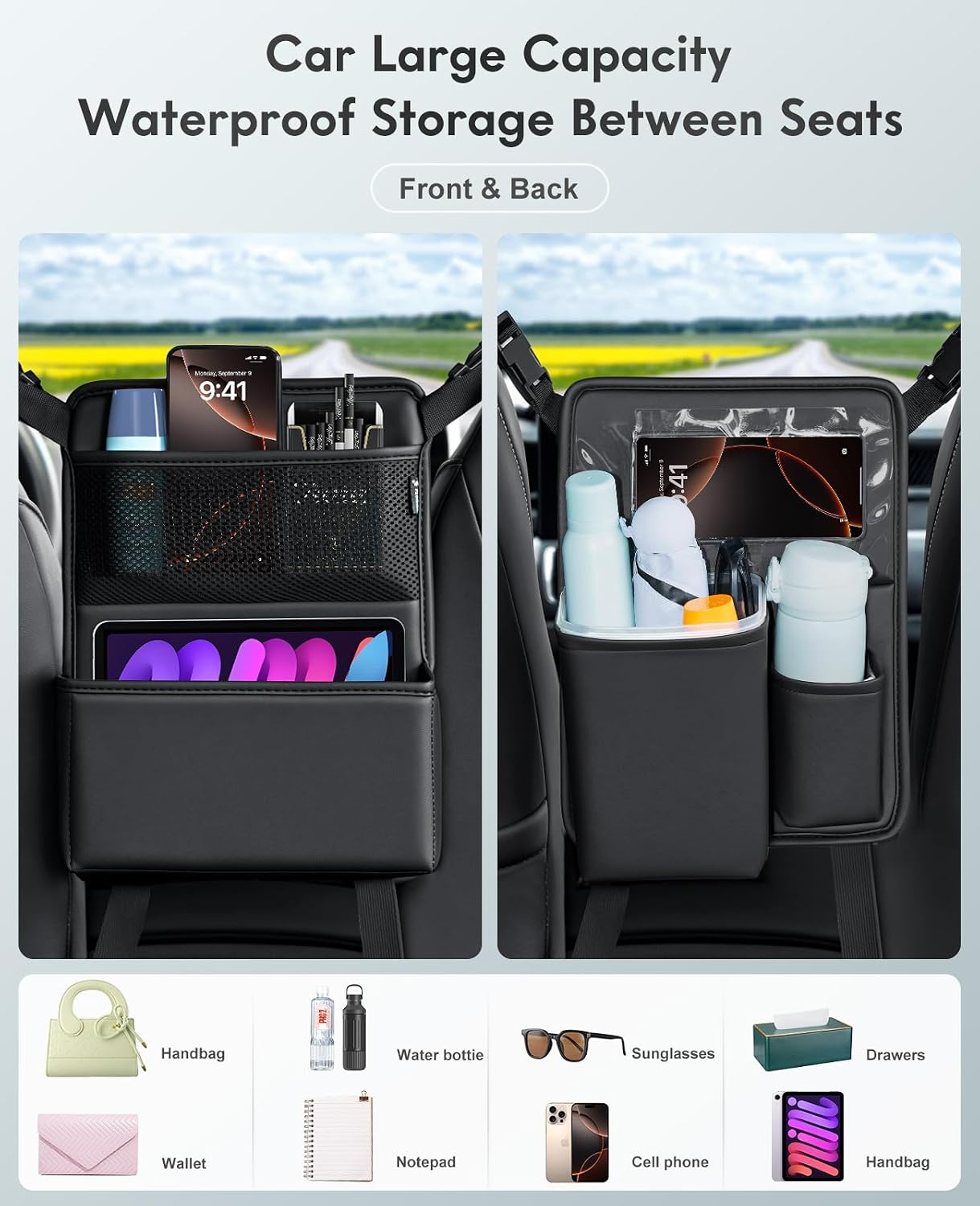 FLORICH Car Organizer Storage Between Seats, Premium Leather Car Mesh Organizer with Waterproof Cup Holder, Car Hanging Storage Bag Pocket Between Seats