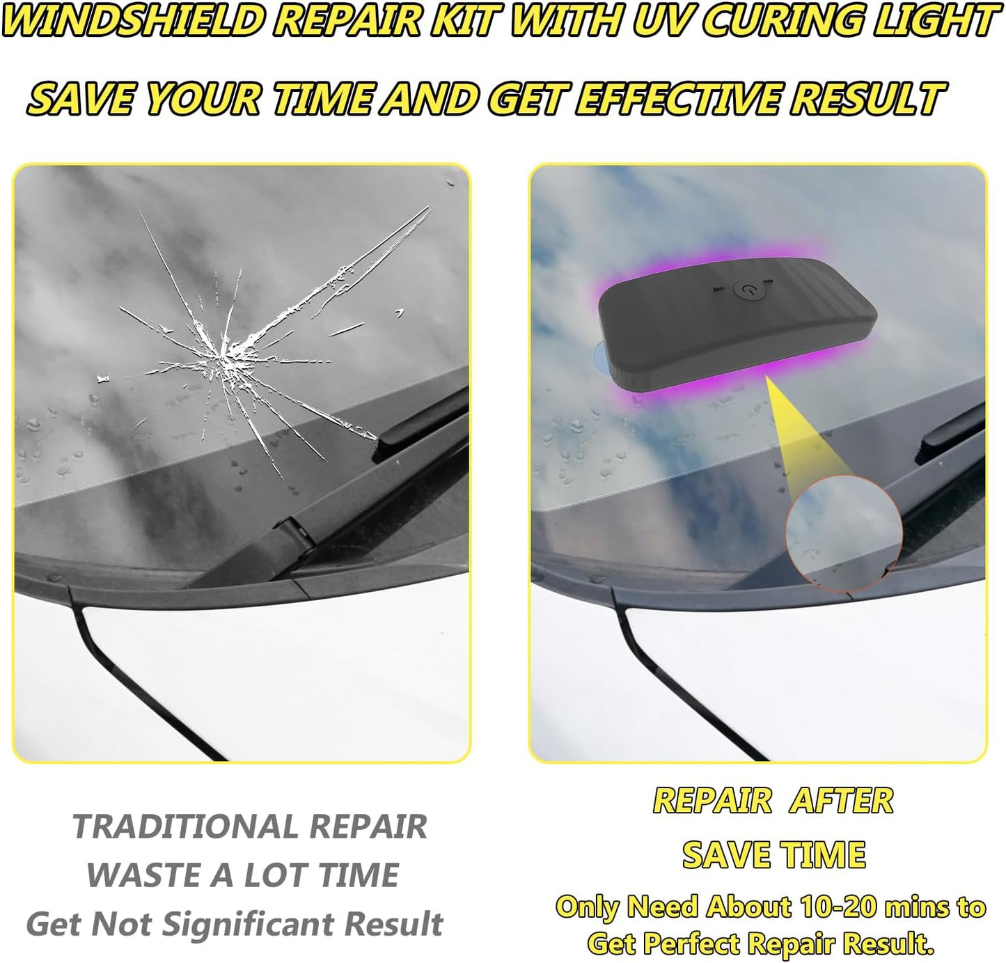 CLAMPER Windshield Repair Kit, Windshield Crack Repair Kit 4 Pcs, Windscreen Repair Kit with Enhanced Injection Head Suction Cup UV Curing Light, Windshield Chip Repair Kit for Bulls-Eye (Yellow)