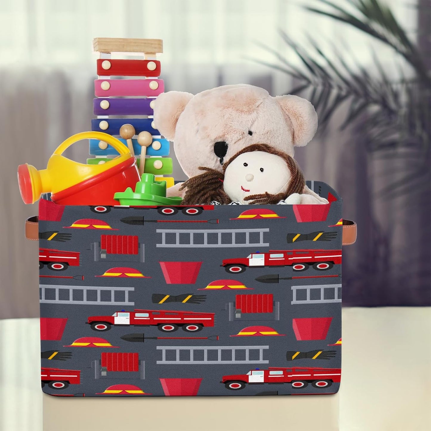 Fire Trucks Large Rectangle Storage Basket Fire Car Storage Bin Collapsible Canvas With Handles For Toy Blanket Clothes Towel Living Room Nursery Storage Organizer
