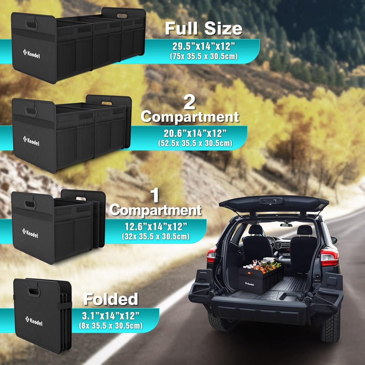 K KNODEL 3 Compartments Trunk Organizer for Car and Suv (Large, Black)