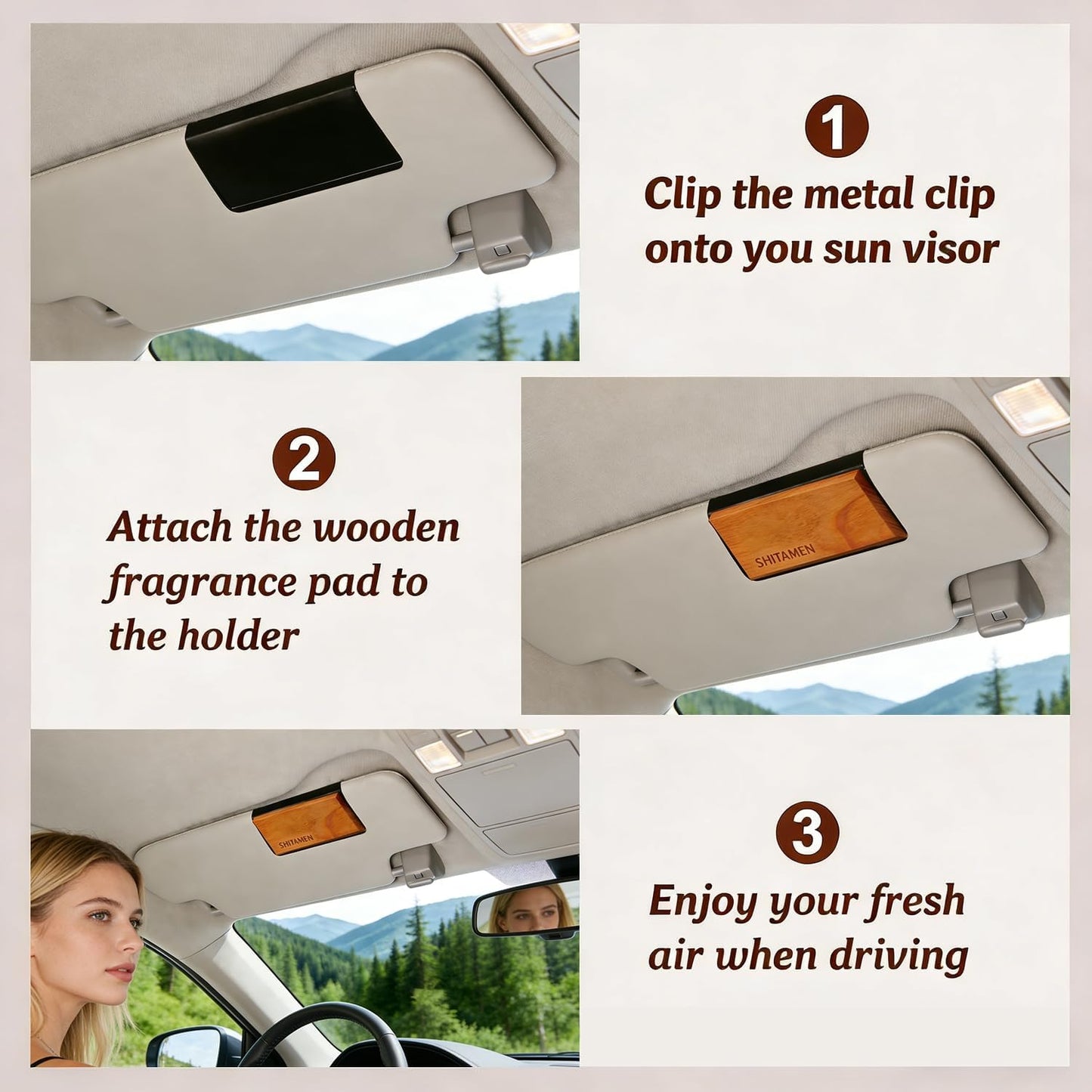 Wooden Car Air Freshener for Visor Clip - Wood Air Freshener - Car Odor Eliminator -Variety Scent Refill, Vehicle Scent Diffuser for Cabin, Truck & SUV - 4 Pack -CLIP INCLUDED